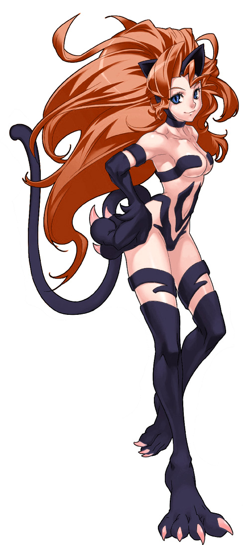 nakamura tatsunori, felicia (darkstalkers), capcom, cross edge, darkstalkers, fur, official art, 1girl, alternate color, animal ears, animal hands, aqua eyes, armpits, big hair, blonde hair, blue eyes, breasts, brown hair, cat ears, cat girl, cat tail, claws, female focus, full body, hand on own hip, hip focus, leg lift, long hair, medium breasts, navel, nude, orange hair, red hair, simple background, smile, solo, standing, standing on one leg, tail, thighhighs, underboob, very long hair, white background