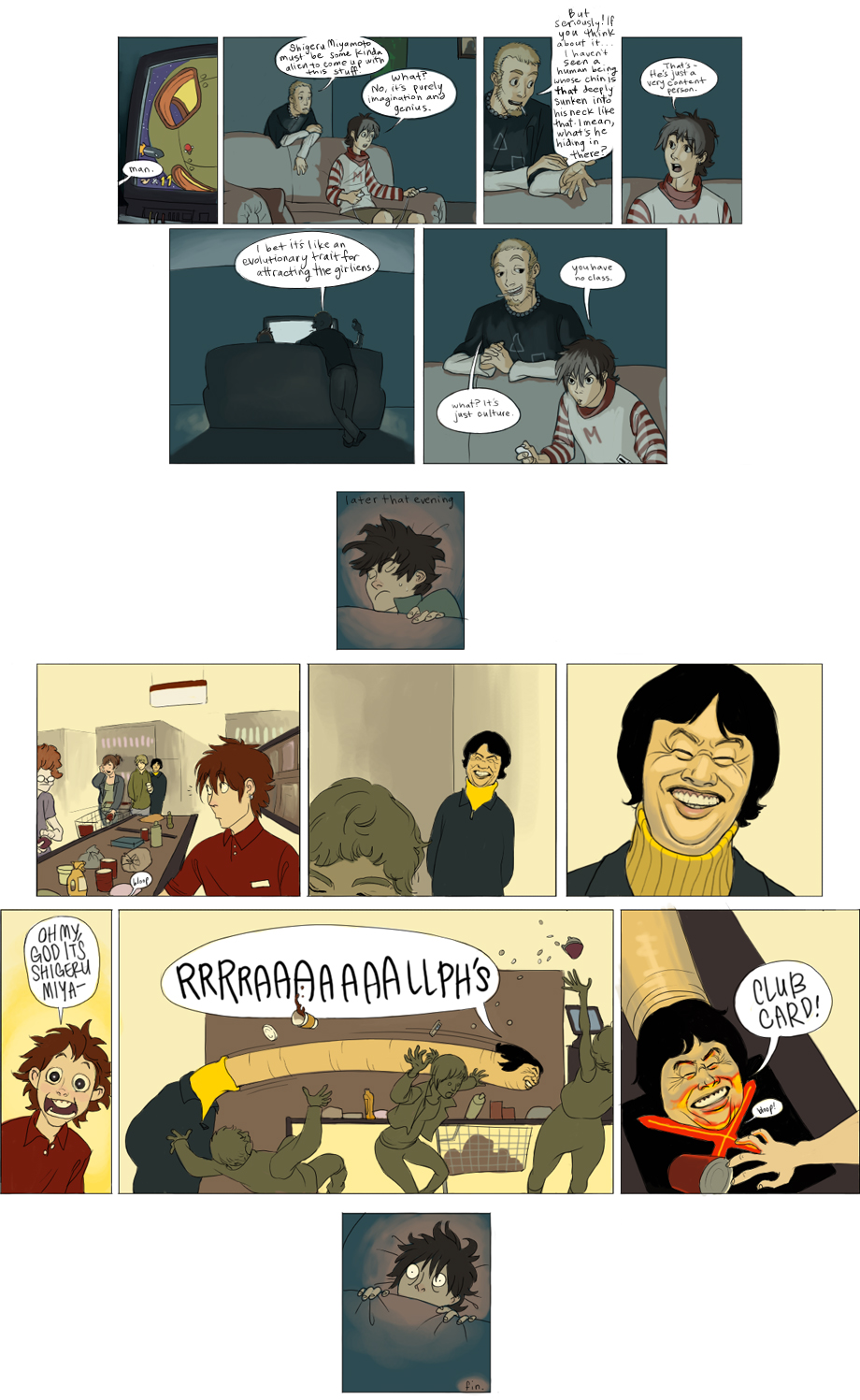 janet kim, mario, miyamoto shigeru, f@nboy$, fanboys (comic), mario (series), nintendo, real life, super mario galaxy, highres, third-party edit, 2girls, 4boys, comic, couch, creepy, english text, grin, horror (theme), long neck, multiple boys, multiple girls, rokurokubi, shopping cart, smile, stretching, television, turtleneck, what