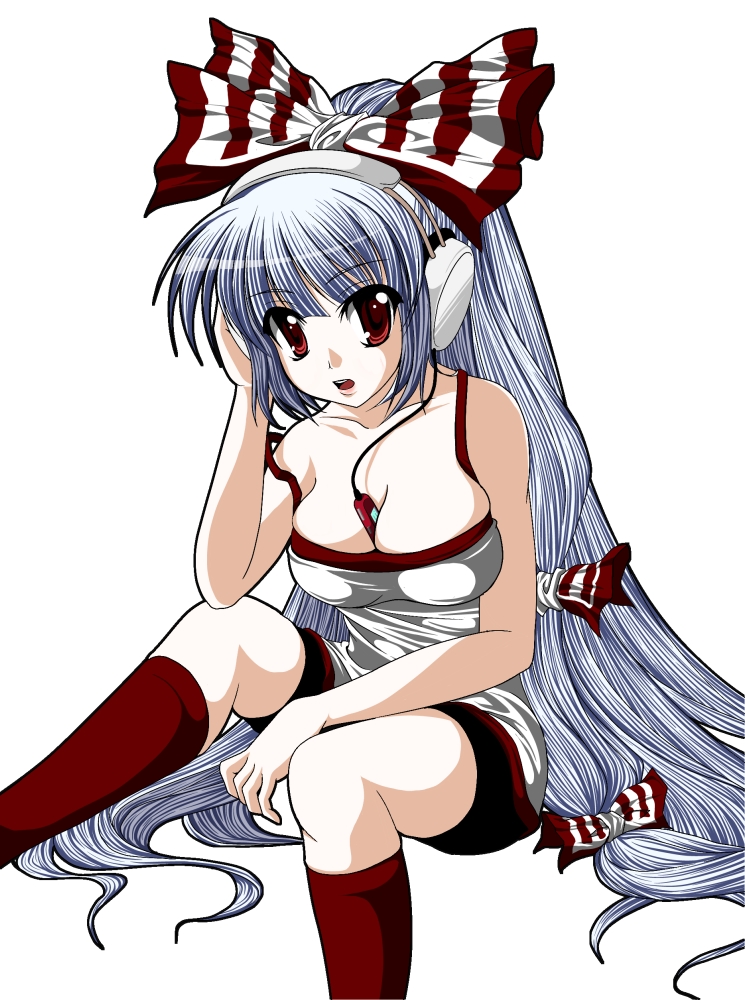 tatamiya, fujiwara no mokou, touhou, silver hair, 1girl, bare shoulders, between breasts, bow, breasts, female focus, hair bow, headphones, kneehighs, large breasts, long hair, mp3 player, multiple hair bows, red eyes, red socks, simple background, sitting, socks, solo, white background