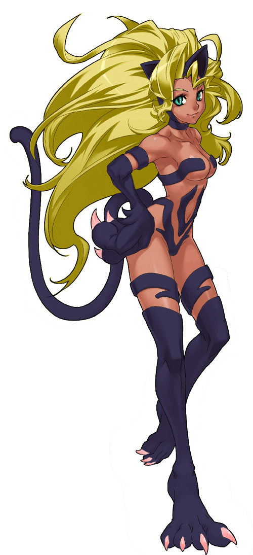 nakamura tatsunori, felicia (darkstalkers), capcom, cross edge, darkstalkers, fur, official art, 1girl, alternate color, animal ears, animal hands, aqua eyes, armpits, big hair, blonde hair, breasts, cat ears, cat tail, claws, dark-skinned female, dark skin, female focus, green eyes, hand on own hip, leg lift, long hair, navel, nude, simple background, smile, solo, standing, standing on one leg, tail, underboob, very long hair