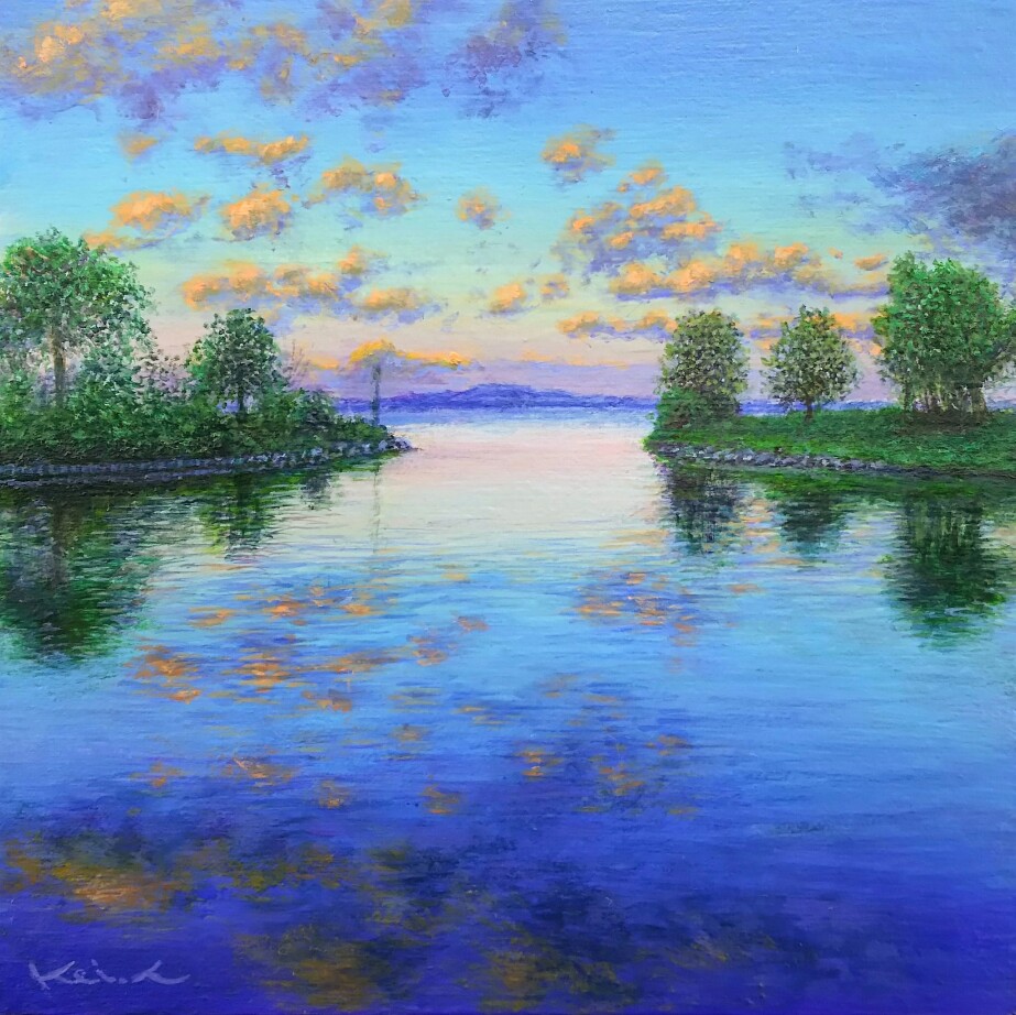keisirou, original, acrylic paint (medium), commentary, commentary request, english commentary, mixed-language commentary, painting (medium), traditional media, blue sky, cloud, evening, landscape, no humans, orange clouds, reflection, reflective liquid, river, scenery, signature, sky, tree