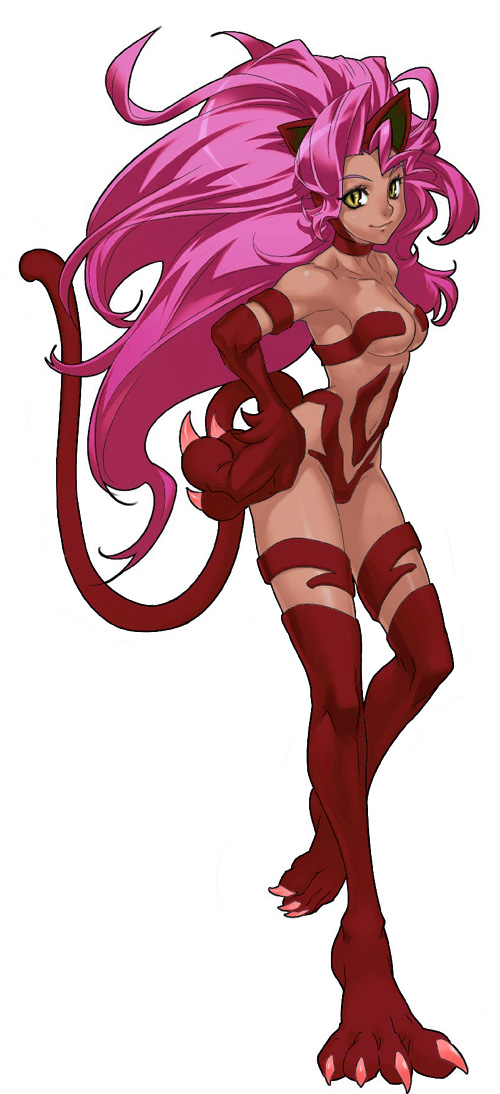 nakamura tatsunori, felicia (darkstalkers), capcom, cross edge, darkstalkers, fur, official art, 1girl, alternate color, animal ears, animal hands, armpits, big hair, breasts, cat ears, cat tail, claws, female focus, hand on own hip, leg lift, long hair, navel, nude, pink hair, simple background, smile, solo, standing, standing on one leg, tail, underboob, very long hair, yellow eyes