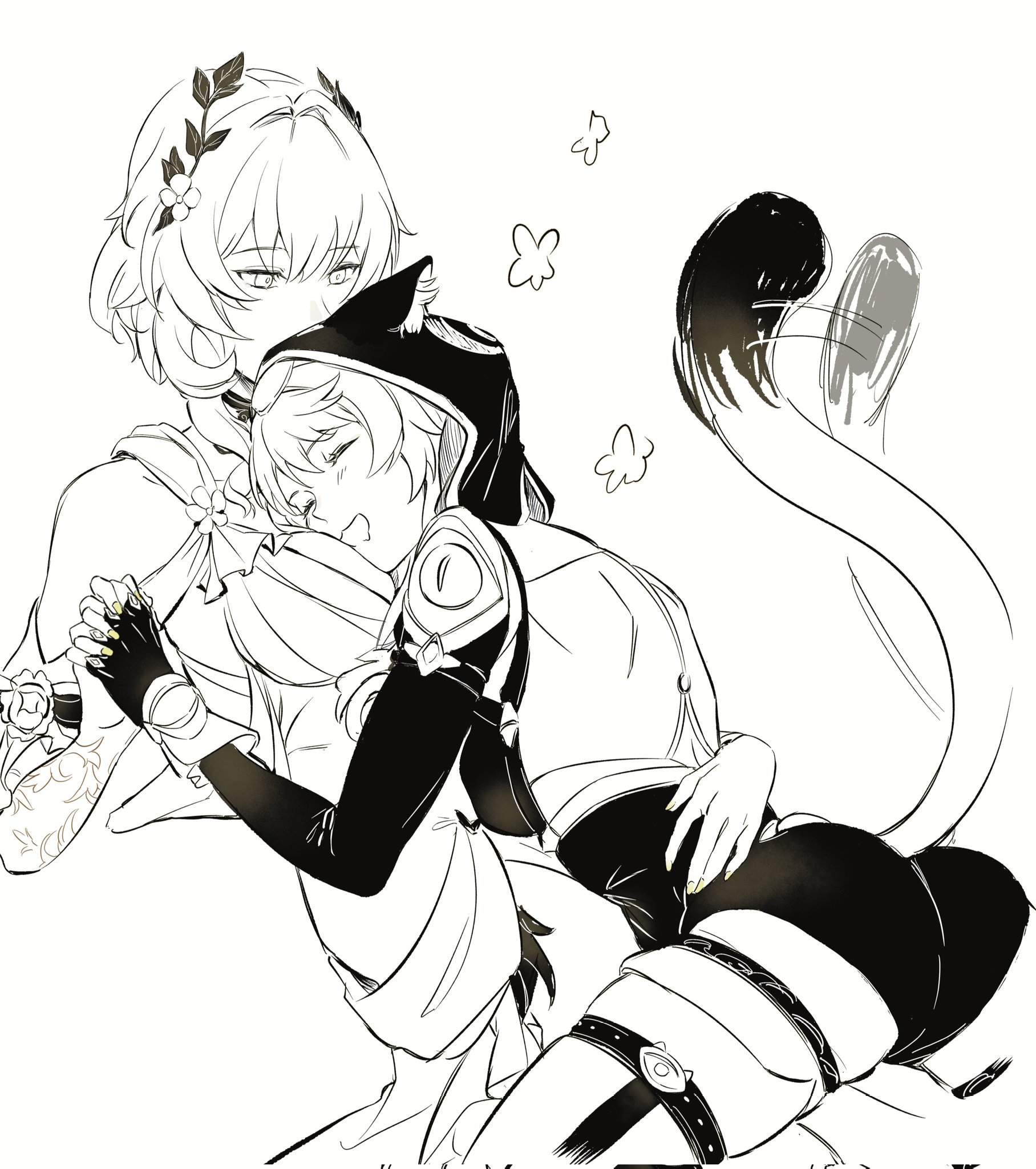 aglaea (honkai: star rail), cipher (honkai: star rail), honkai: star rail, honkai (series), commentary, english commentary, highres, 2girls, animal ears, between breasts, blush, breasts, cat ears, cat girl, cat tail, cleavage, face between breasts, greyscale, hand on another's waist, head between breasts, holding hands, interlocked fingers, large breasts, laurel crown, medium hair, monochrome, multiple girls, open mouth, shorts, sitting, sitting on lap, sitting on person, smile, tail, tail wagging, thigh strap, yuri, yvrity