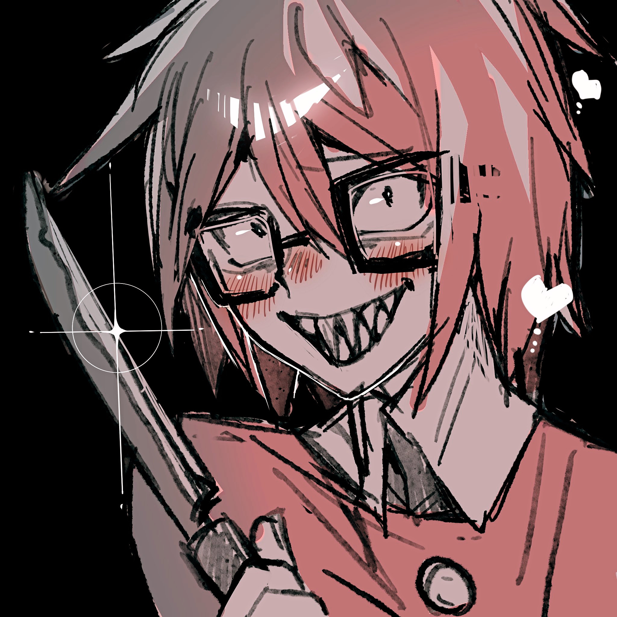 starhamu, randal ivory, randal's friends, highres, 1boy, black background, glasses, glint, hand up, heart, holding, holding knife, knife, looking at viewer, male focus, monochrome, sharp teeth, short hair, simple background, solo, teeth, upper body