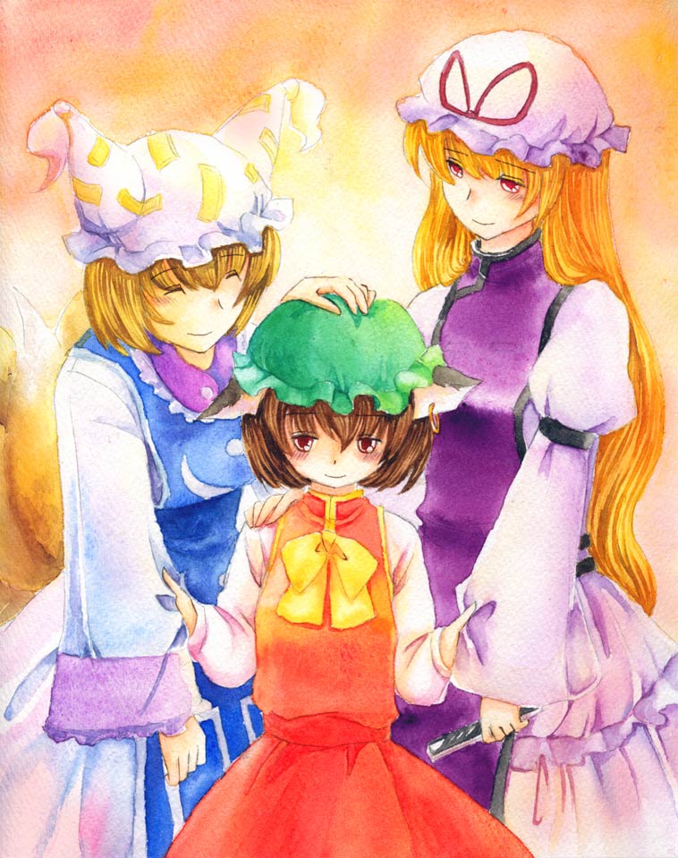 shiroaisa, chen, yakumo ran, yakumo yukari, touhou, painting (medium), traditional media, watercolor (medium), 3girls, animal ears, animal hat, blonde hair, bow, brown hair, cat ears, cat girl, cat tail, closed eyes, earrings, female focus, folding fan, fox tail, hand fan, hand on another's head, hat, hat ribbon, headpat, holding, jewelry, long hair, long sleeves, looking at another, mob cap, multiple girls, multiple tails, ribbon, short hair, single earring, smile, tail, tassel, wide sleeves