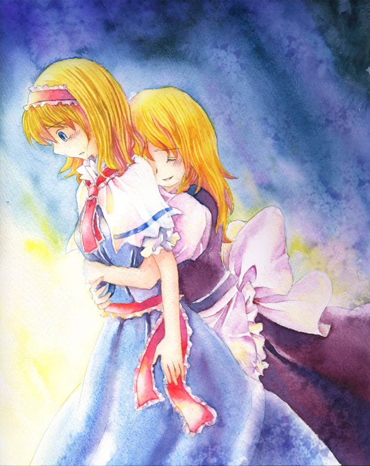 shiroaisa, alice margatroid, kirisame marisa, touhou, painting (medium), traditional media, watercolor (medium), 2girls, blonde hair, blue eyes, closed eyes, female focus, hairband, hug, multiple girls, yuri