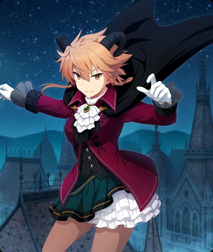 shidou maki (toji no miko), toji no miko, toji no miko: kizamishi issen no tomoshibi, game cg, official art, third-party source, 1girl, ascot, black cape, black horns, blue sky, breasts, brooch, brown pantyhose, cape, closed mouth, cowboy shot, curved horns, demon horns, dot nose, dress, gem, gloves, green dress, green gemstone, halloween, halloween costume, hands up, horns, jacket, jewelry, large breasts, layered skirt, looking at viewer, midair, mountainous horizon, night, orange eyes, orange hair, outdoors, pantyhose, red jacket, red pupils, rooftop, skirt, sky, smile, solo, star (sky), starry sky, steeple, white ascot, white gloves, white skirt