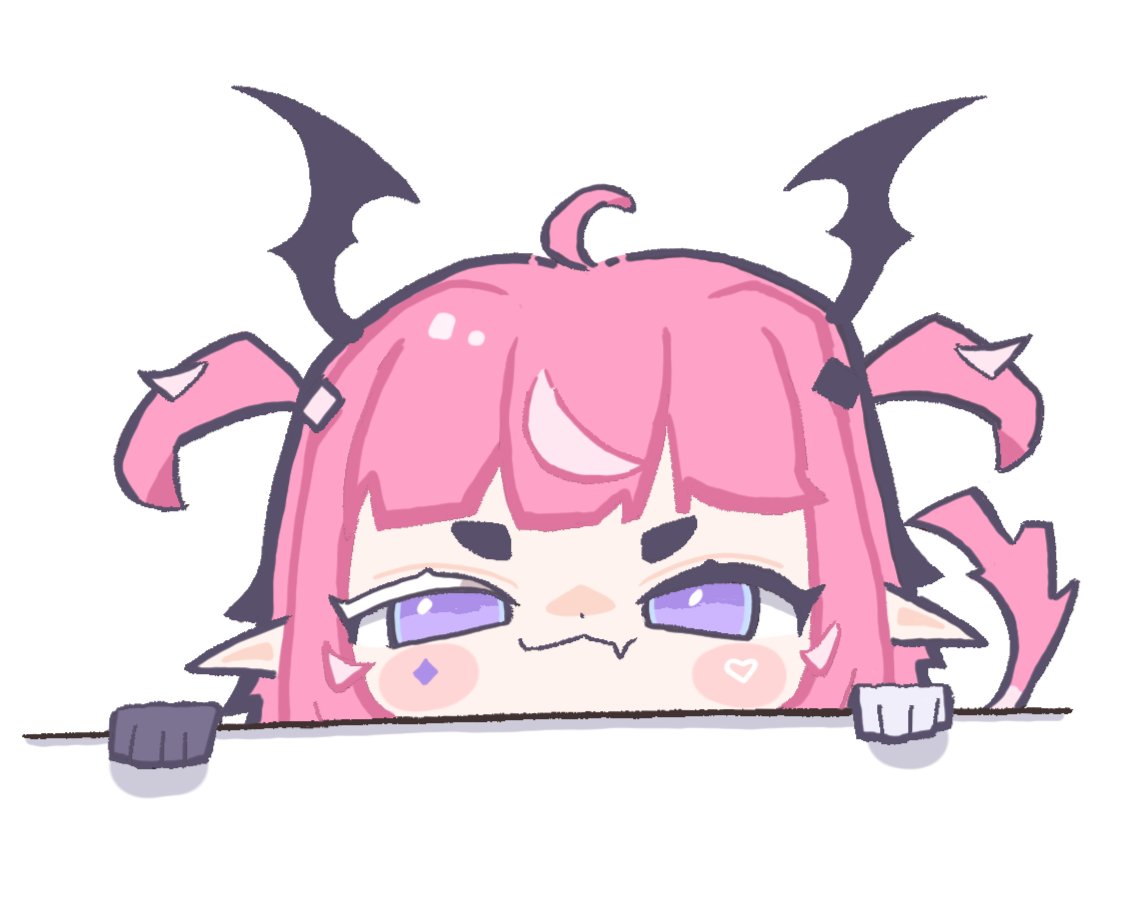 camila (vtuber), indie virtual youtuber, commentary, english commentary, 1girl, :3, ahoge, asymmetrical gloves, atari desu, blush, blush stickers, closed mouth, colored eyelashes, diamond facial mark, diamond hair ornament, facial mark, fang, gloves, head wings, heart, heart facial mark, mismatched eyebrows, mismatched eyelashes, mismatched gloves, multicolored hair, pink hair, pointy ears, purple eyes, simple background, skin fang, smile, smug, streaked hair, tail, thick eyebrows, two-tone hair, two side up, virtual youtuber, white background, white hair, wings