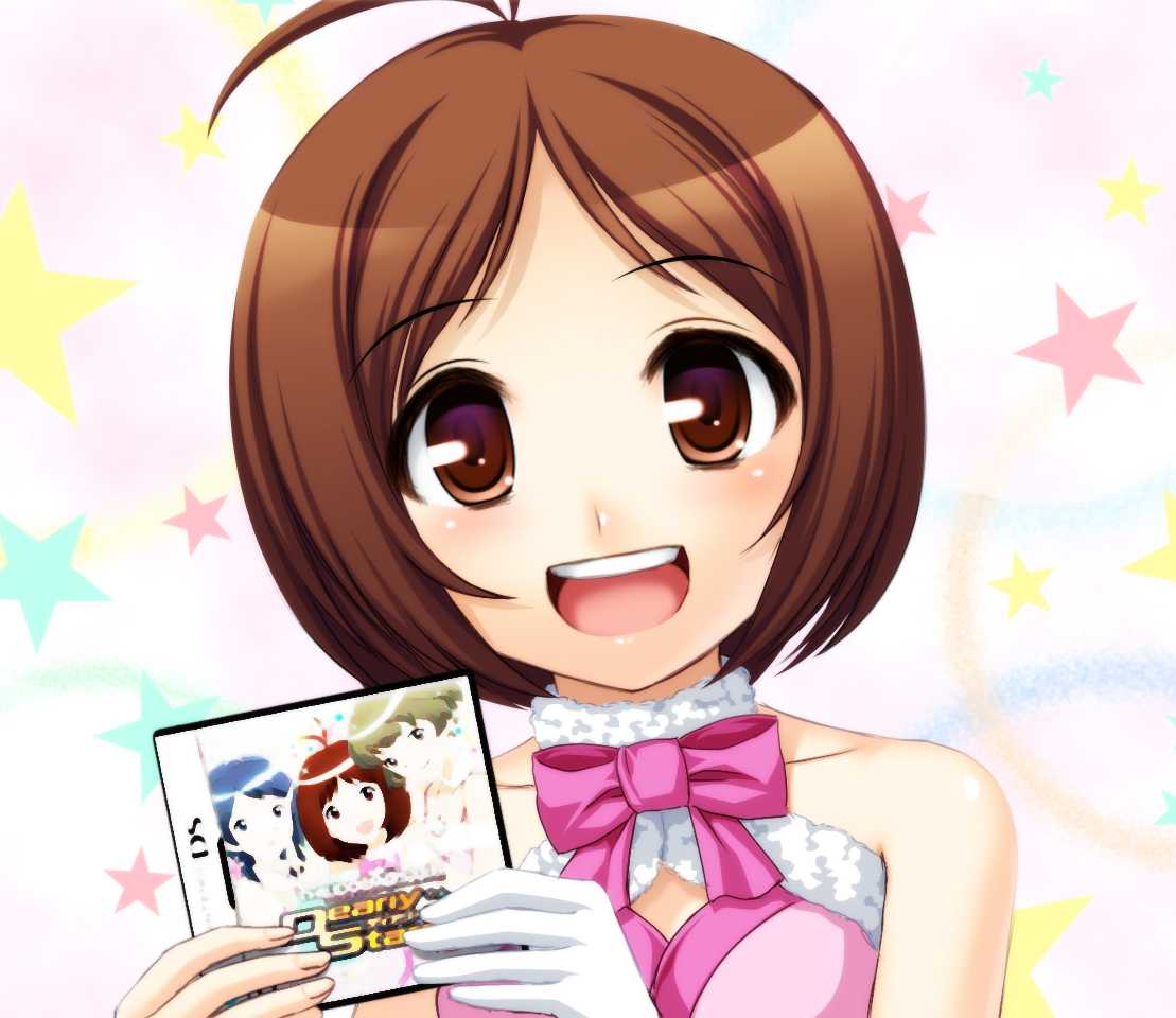 totokichi, hidaka ai, idolmaster, idolmaster dearly stars, bad id, bad pixiv id, 00s, 1girl, antenna hair, bare shoulders, brown hair, cute & girly (idolmaster), female focus, gloves, open mouth, red eyes, short hair, smile, solo