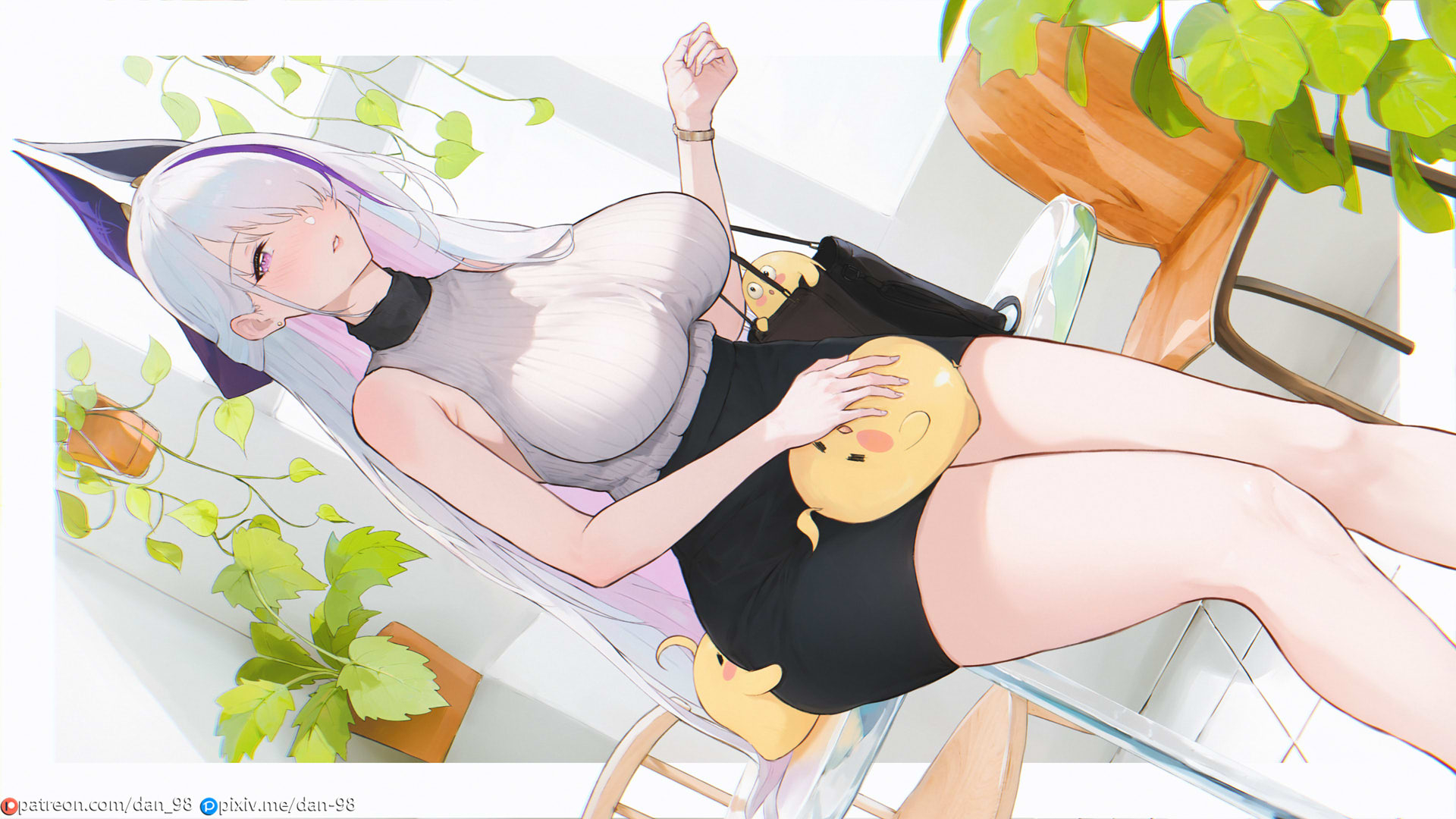 dan-98, manjuu (azur lane), unzen (azur lane), azur lane, highres, 1girl, alternate costume, bag, breasts, hair ornament, hair over one eye, large breasts, long hair, looking at viewer, multicolored hair, patreon username, pixiv username, purple eyes, sitting, sitting on table, solo, streaked hair, thighs, turtleneck, very long hair