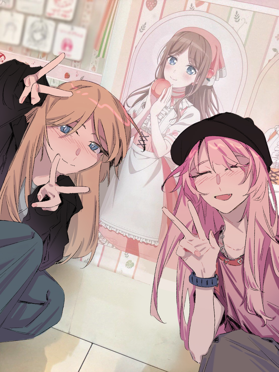 z akane890, chihaya anon, nagasaki soyo, bang dream!, bang dream! it's mygo!!!!!, commentary, hashtag-only commentary, highres, 2girls, black hat, black jacket, blue eyes, blue pants, brown hair, double v, fang, hat, jacket, long hair, multiple girls, open mouth, pants, pink hair, pink shirt, shirt, v, w