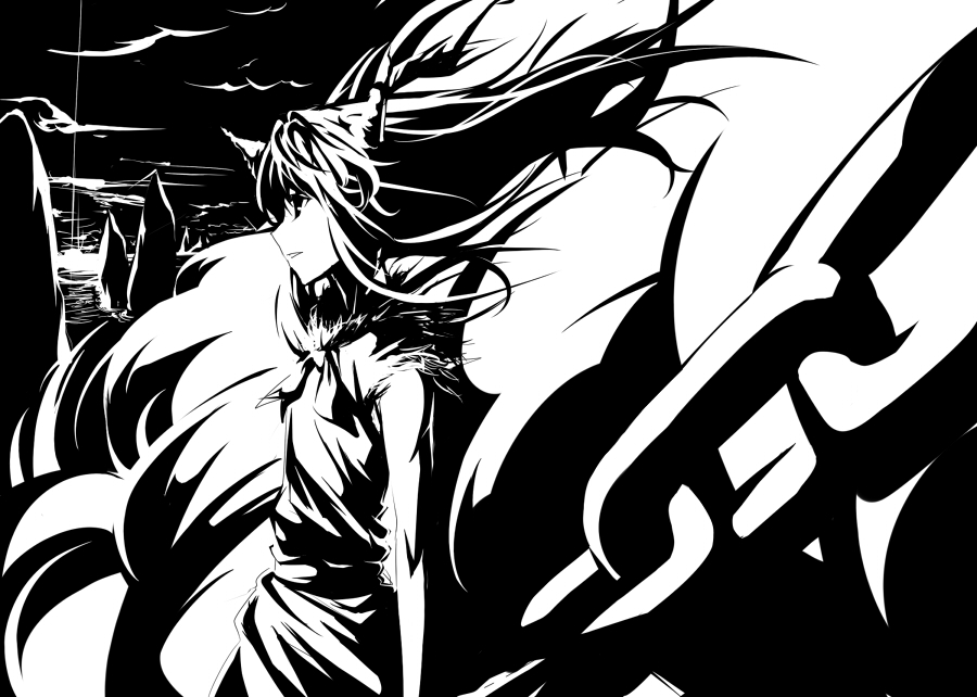 pino (birthdayparty), pino (pixiv), ibuki suika, touhou, 1girl, chain, dress, female focus, greyscale, horns, long hair, monochrome, outdoors, sky, solo