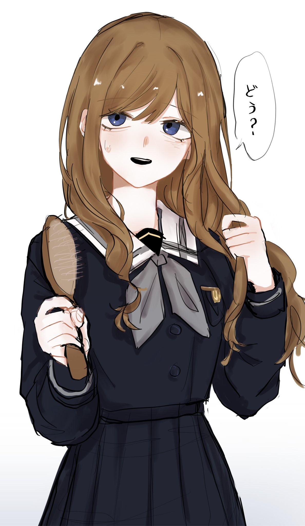 wkrhfhsk, nagasaki soyo, bang dream!, bang dream! it's mygo!!!!!, commentary request, highres, translation request, 1girl, black shirt, black skirt, blue eyes, brown hair, grey neckerchief, hair brush, holding, holding hair brush, long hair, neckerchief, parted lips, sailor collar, school uniform, shirt, skirt, solo, speech bubble, sweatdrop, tsukinomori school uniform, white sailor collar