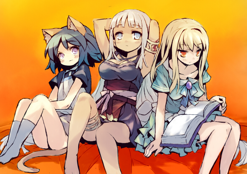 xexu, silver hair, 3girls, animal ears, armpits, arms behind head, arms up, blonde hair, blue hair, book, cat ears, cat tail, dress, legs, multiple girls, open book, orange eyes, purple eyes, reading, sitting, skirt, socks, tail