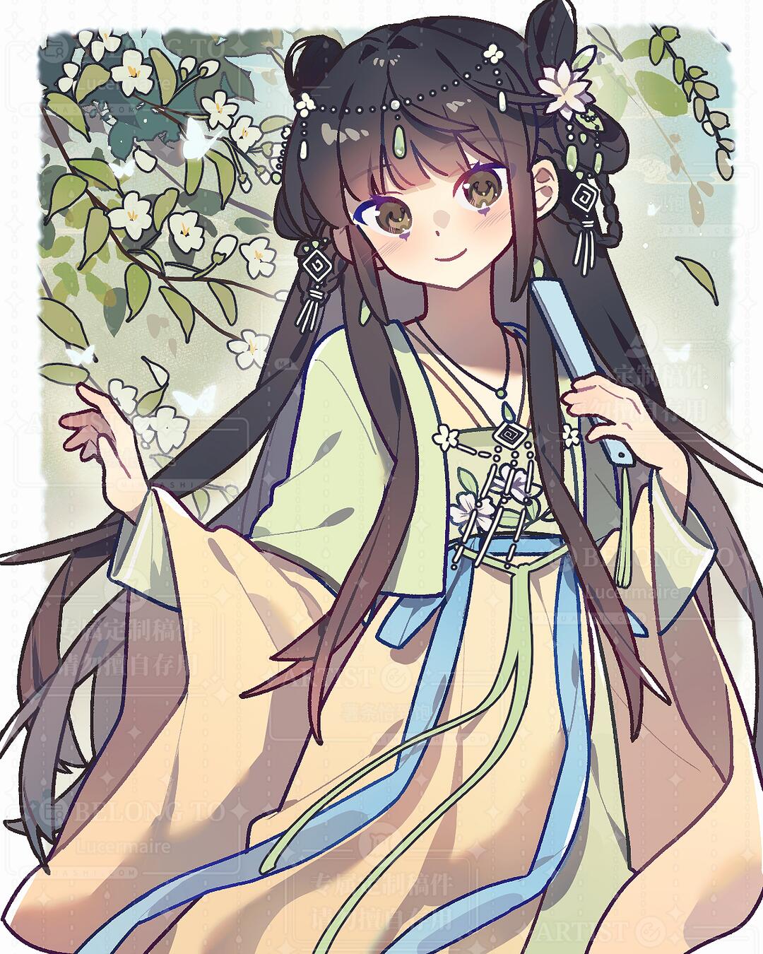 original, bad source, highres, 1girl, black hair, brown eyes, chinese clothes, closed mouth, dress, flower, hair bun, hair flower, hair ornament, hair rings, hand fan, hanfu, holding, holding fan, jewelry, leaf, long hair, long sleeves, looking at viewer, necklace, shuangyaji, smile, solo, watermark, wide sleeves, yiyang yuli