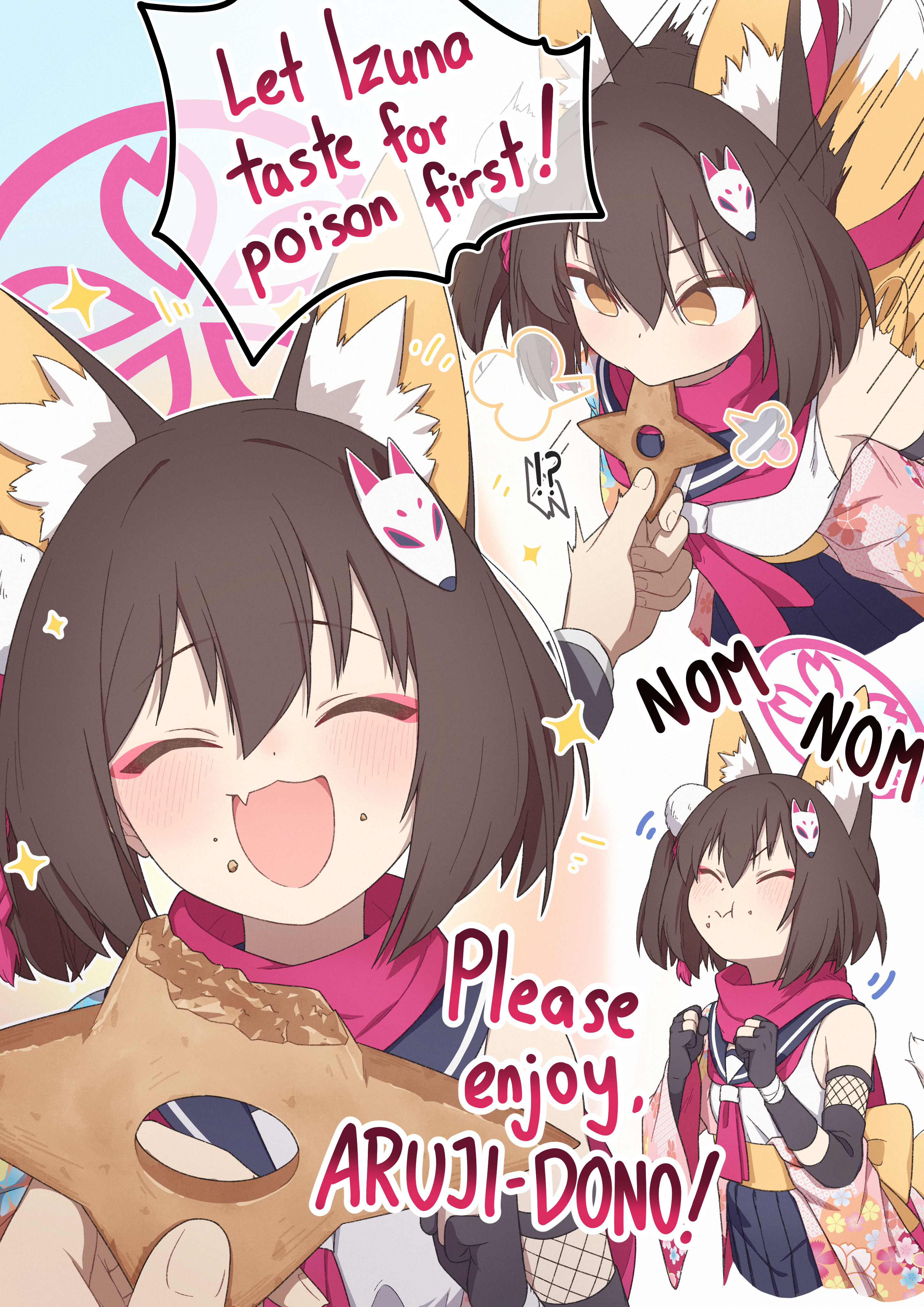 izuna (blue archive), blue archive, absurdres, commentary, highres, symbol-only commentary, !?, 1girl, 1other, animal ears, bare shoulders, biscuit (bread), black gloves, blush, brown eyes, brown hair, chomping, clenched hands, closed eyes, eating, english text, eyeshadow, fang, food, food bite, food on face, fox ears, fox hair ornament, fox tail, fuhao10708, gloves, halo, holding, holding food, makeup, motion lines, multiple views, open mouth, partially fingerless gloves, pink halo, pink scarf, red eyeshadow, scarf, school uniform, serafuku, short hair, skin fang, skirt, sleeveless, smile, sound effects, sparkle, sparkling aura, speech bubble, spoken interrobang, tail