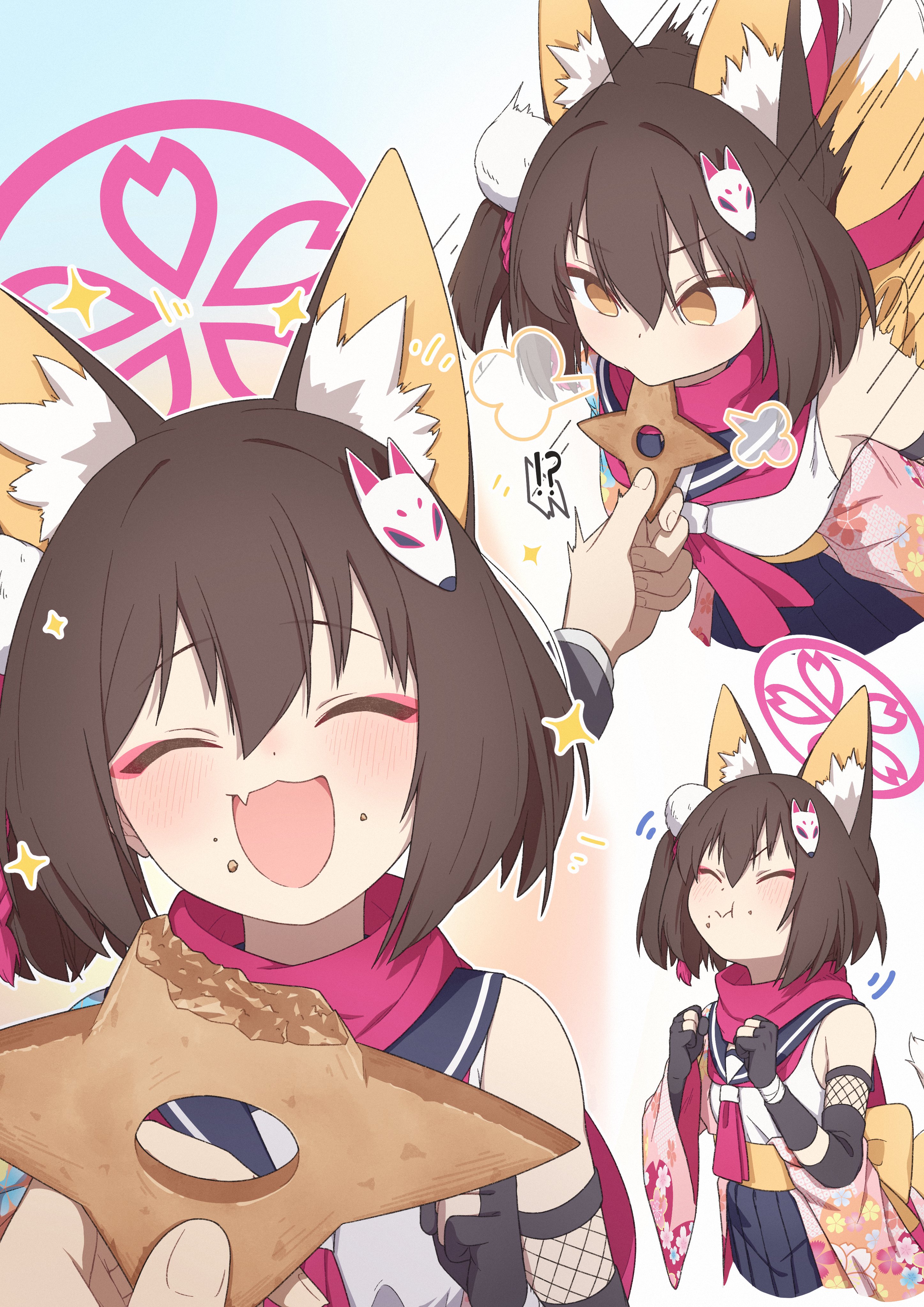 izuna (blue archive), blue archive, absurdres, commentary, english commentary, highres, textless version, !?, 1girl, 1other, animal ears, bare shoulders, biscuit (bread), black gloves, blush, brown eyes, brown hair, chomping, clenched hands, closed eyes, eating, eyeshadow, fang, food, food bite, food on face, fox ears, fox hair ornament, fox tail, fuhao10708, gloves, halo, holding, holding food, makeup, motion lines, multiple views, open mouth, partially fingerless gloves, pink halo, pink scarf, red eyeshadow, scarf, school uniform, serafuku, short hair, skin fang, skirt, sleeveless, smile, sparkle, sparkling aura, spoken interrobang, tail