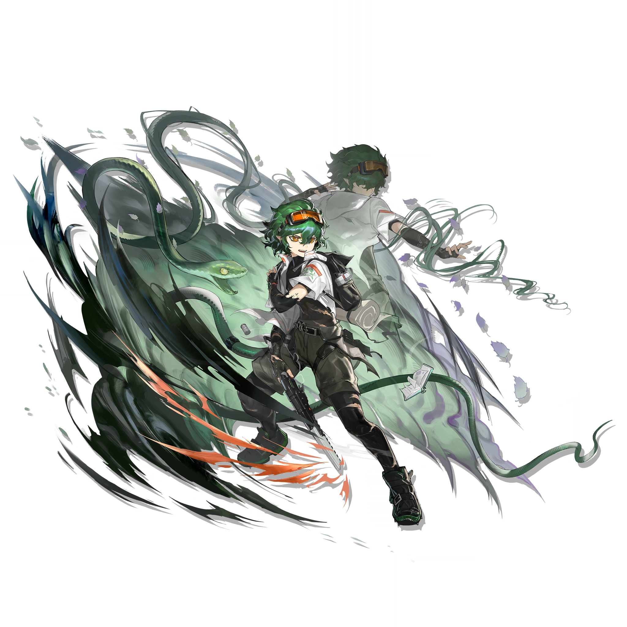 baimudafeiyu, infection monitor (arknights), verdant (arknights), arknights, fluffy hair, highres, official art, third-party source, 1boy, 1other, bags under eyes, black boots, black gloves, black pantyhose, boots, elbow gloves, fingerless gloves, full body, gloves, goggles, goggles on head, green hair, green snake, green tail, grey shorts, hair between eyes, hand on own shoulder, holding, holding saw, holding weapon, id card, jacket, leaf, looking to the side, male focus, material growth, orange eyes, oripathy lesion (arknights), pantyhose, pantyhose under shorts, parted lips, plant, pointy ears, short hair, short sleeves, shorts, simple background, smile, snake, snake tail, solo, standing, tachi-e, tail, teeth, transparent background, very long tail, vines, weapon, white jacket