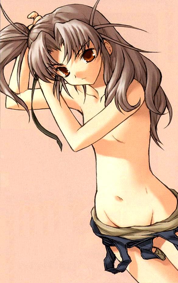 onigirikun, takega satsu, dai (series), daiakuji, jpeg artifacts, 1girl, adjusting hair, brown background, brown eyes, clothes pull, dutch angle, female focus, flat chest, frown, grey hair, groin, hair ribbon, hairdressing, long hair, looking at viewer, navel, no nipples, one-piece swimsuit, one-piece swimsuit pull, orange eyes, ribbon, school swimsuit, side ponytail, simple background, solo, standing, swimsuit, topless female, undressing