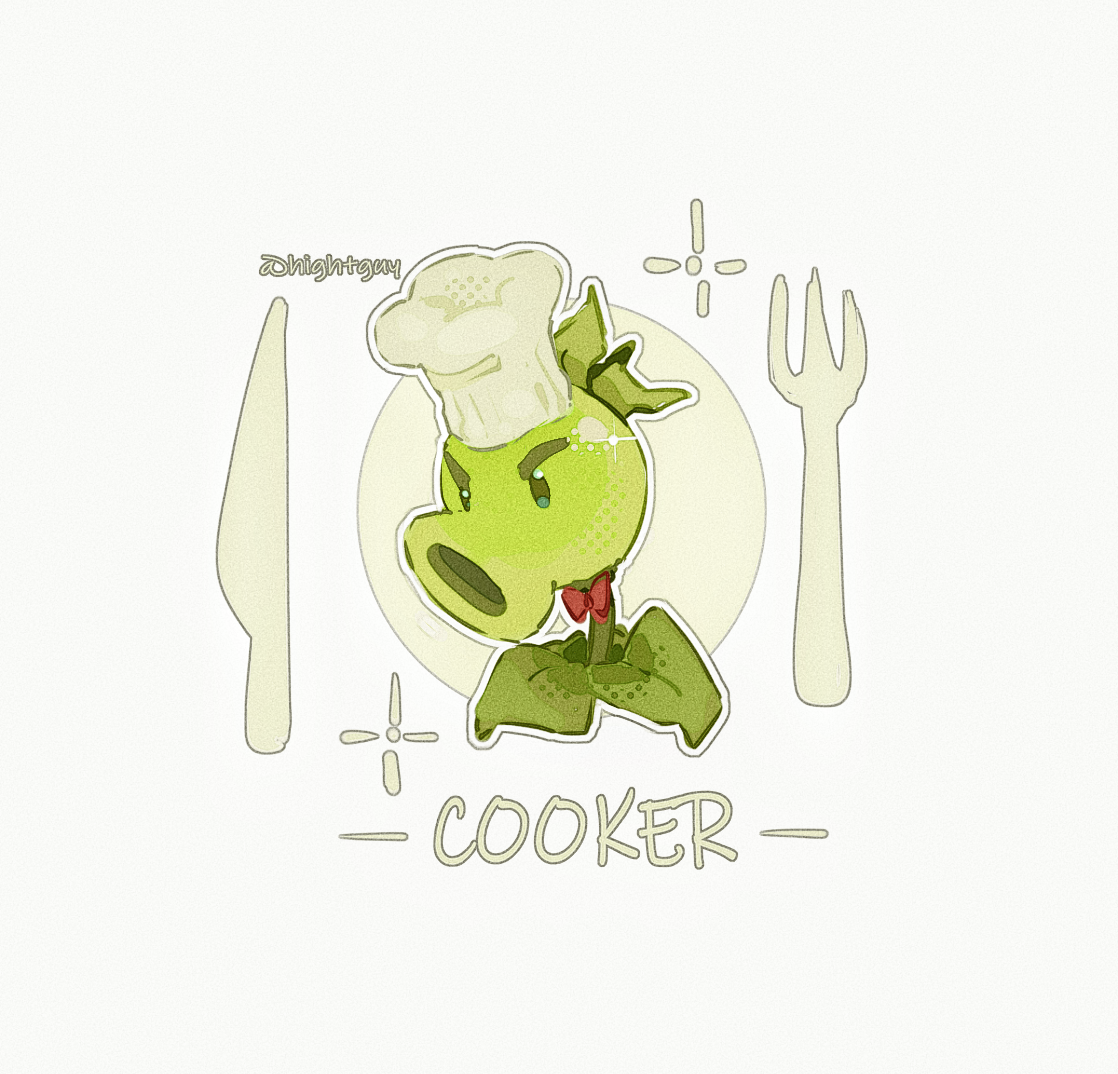 hightguy, repeater (plants vs. zombies), plants vs. zombies, chinese commentary, commentary request, artist name, bow, bowtie, chef hat, english text, film grain, flat top chef hat, fork, halftone, hat, kitchen knife, knife, leaf, looking at viewer, no humans, open mouth, outline, plant, plant focus, plate, red bow, red bowtie, simple background, solo, sparkle, traditional bowtie, v-shaped eyebrows, white background, white hat, white outline