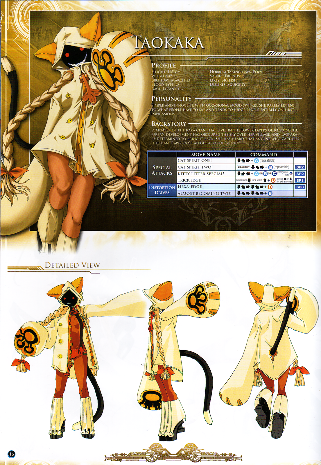 taokaka, arc system works, blazblue, blazblue: calamity trigger, platform footwear, concept art, highres, official art, scan, 1girl, animal ears, animal hood, braid, breasts, cat ears, cat hood, cat tail, character name, command input, dark-skinned female, dark skin, english text, grin, hood, hoodie, kneehighs, large breasts, long hair, mask, no bra, open clothes, red eyes, shoes, smile, socks, stats, suspenders, tail, topless female, twin braids, twintails