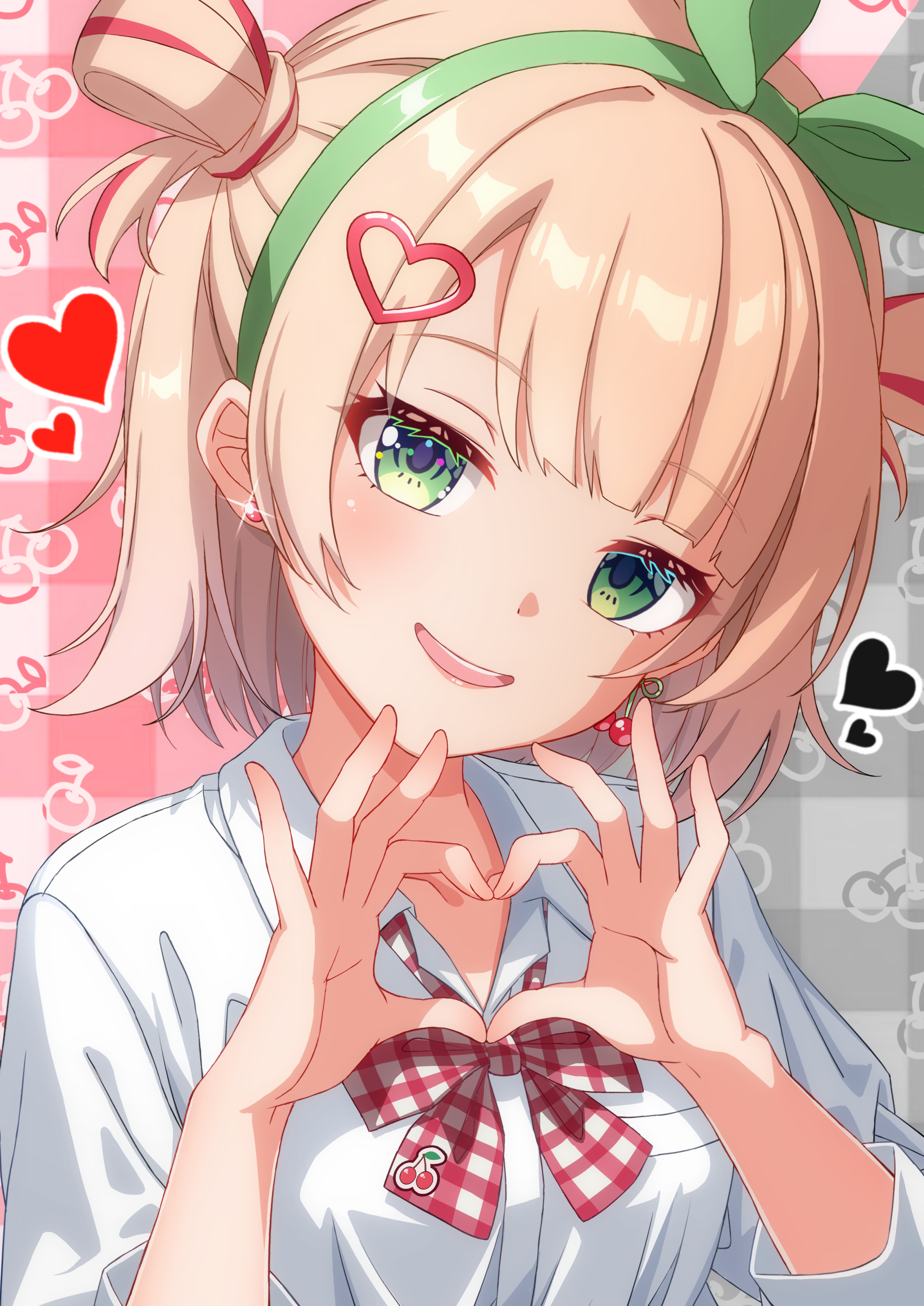 asaba touka, shigure ui (vtuber), indie virtual youtuber, absurdres, commentary request, highres, 1girl, :d, blunt bangs, bow, bowtie, collared shirt, double bun, earrings, eyelashes, four-finger heart hands, glint, green eyes, green hairband, green ribbon, grey background, hair bun, hair ribbon, hairband, hands up, heart, heart hands, jewelry, looking at viewer, medium hair, open mouth, pink background, plaid bow, plaid bowtie, plaid clothes, red bow, red bowtie, ribbon, shirt, simple background, smile, solo, stud earrings, teeth, two-tone background, upper body, upper teeth only, virtual youtuber, white shirt