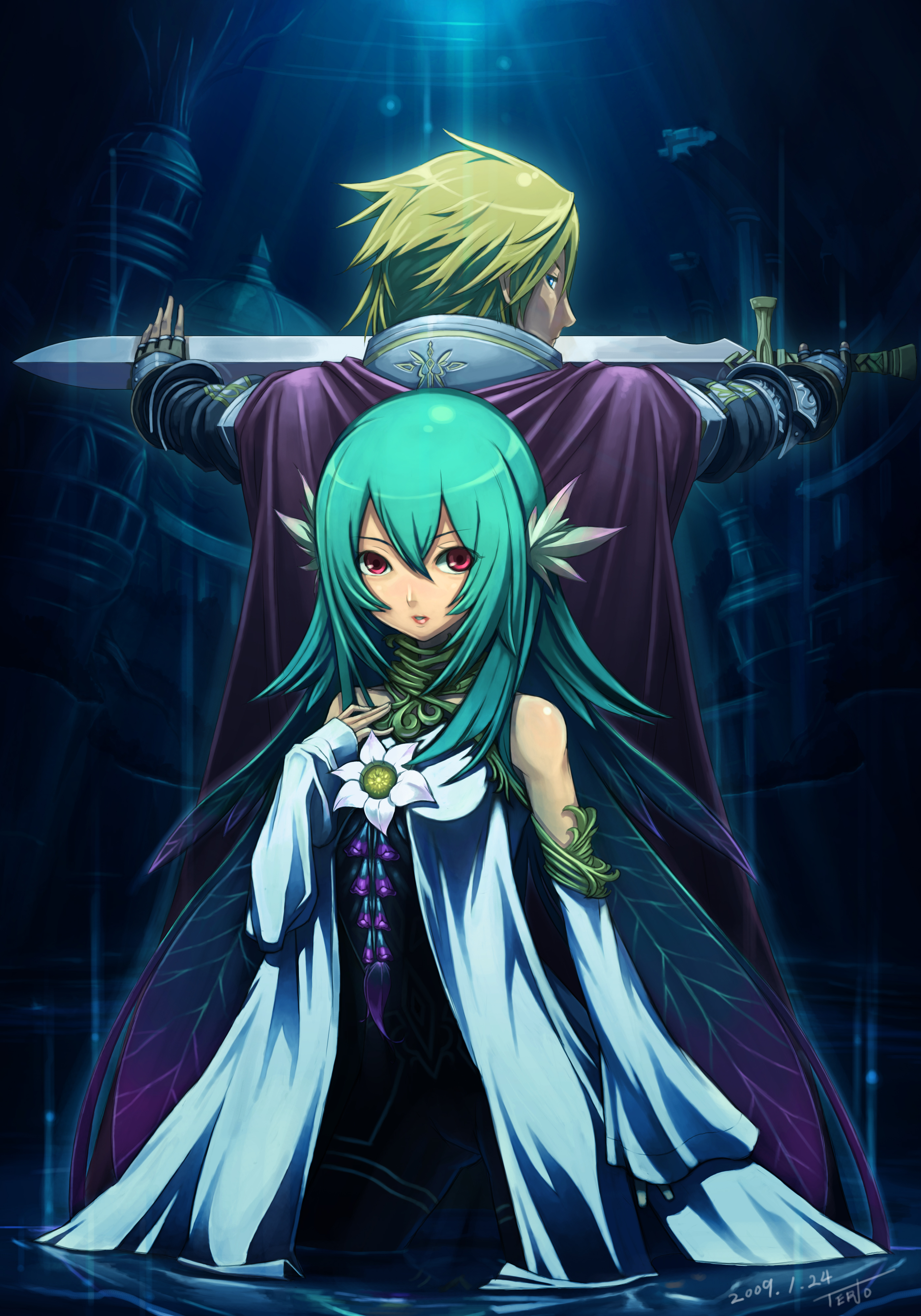 tel-o, original, absurdres, highres, 1boy, 1girl, blonde hair, blue eyes, cape, cloak, detached sleeves, dress, dress flower, fantasy, fingerless gloves, flower, gloves, green hair, looking back, protecting, red eyes, sword, water, weapon