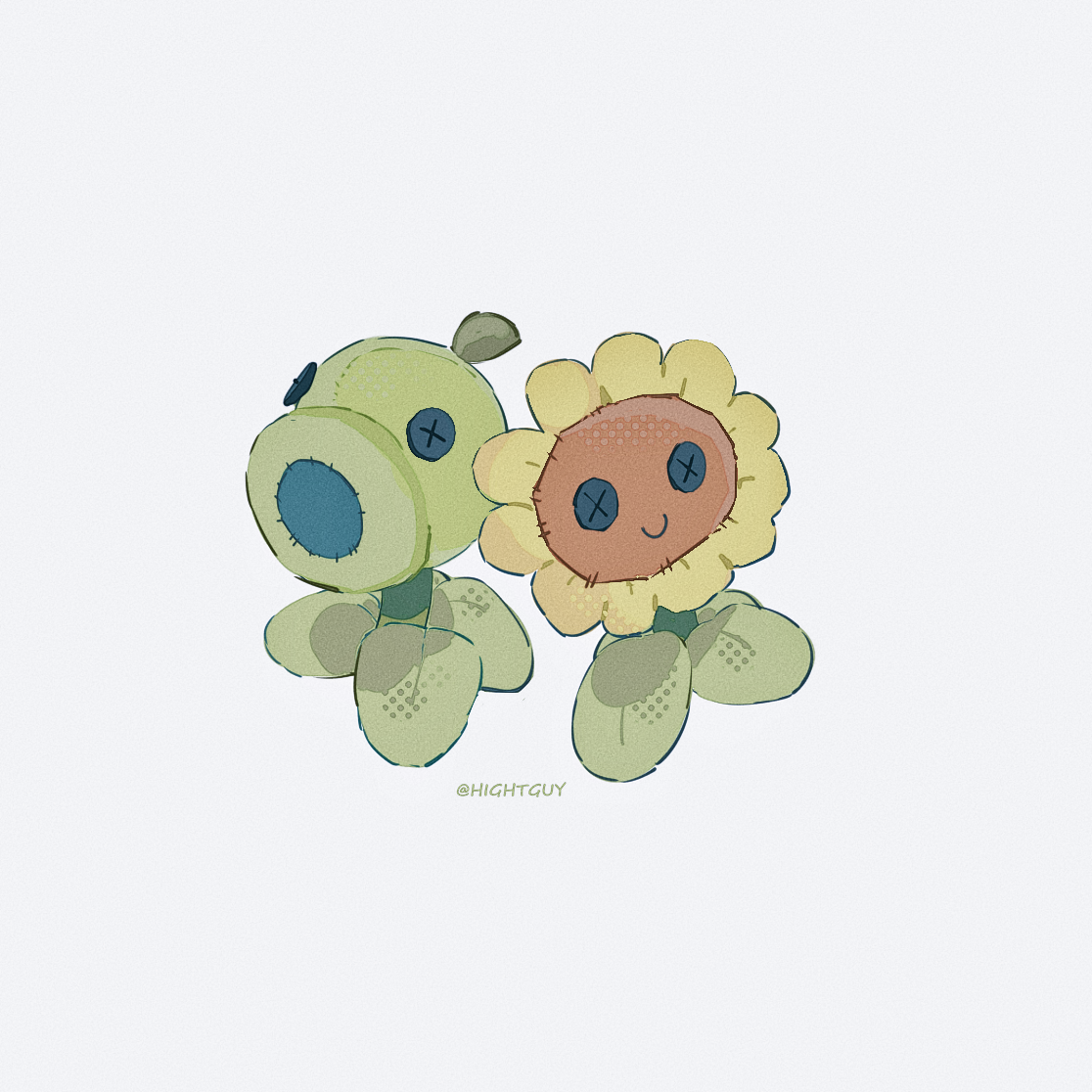 hightguy, peashooter (plants vs. zombies), sunflower (plants vs. zombies), plants vs. zombies, chinese commentary, commentary request, artist name, back-to-back, black eyes, buttons, closed mouth, film grain, from above, grey background, halftone, leaf, no humans, simple background, smile, still life, stuffed toy