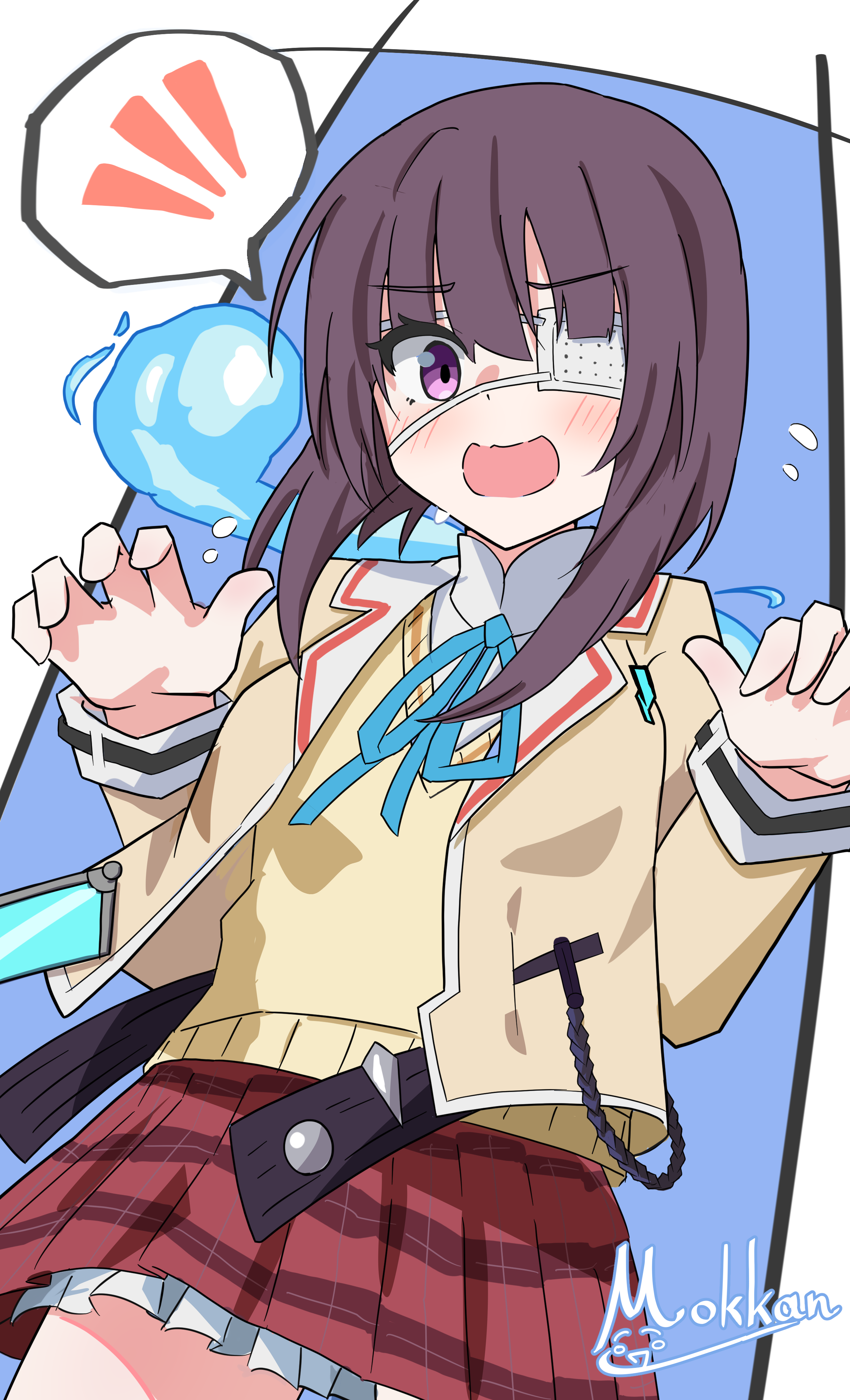 mok kan, hiiragi kozue, heaven burns red, absurdres, commentary request, highres, 1girl, :d, black ribbon, blue background, blunt bangs, blush, brown hair, cowboy shot, eyepatch, eyes visible through hair, frilled skirt, frilled sleeves, frills, hands up, hitodama, jacket, long sleeves, looking at viewer, medical eyepatch, medium hair, miniskirt, neck ribbon, one eye covered, open mouth, plaid clothes, plaid skirt, purple eyes, red skirt, ribbon, signature, simple background, skirt, smile, solo, speech bubble, spoken blush, sweater vest, two-tone background, v-shaped eyebrows, white background, yellow jacket, yellow sweater vest