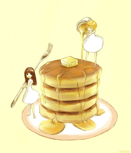 nona drops, original, md5 mismatch, resolution mismatch, source larger, 2girls, barefoot, blonde hair, brown hair, butter, dress, food, fork, long hair, mini person, minigirl, multiple girls, oversized object, pancake, pancake stack, plate, pouring, short hair, smile, syrup, white dress, yellow background