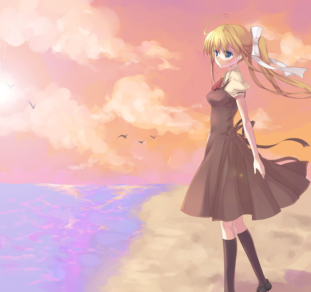 kodamasawa izumi, kamio misuzu, air (visual novel), bad id, bad pixiv id, 00s, 1girl, beach, bird, blonde hair, blue eyes, female focus, hair ribbon, long hair, ocean, outdoors, ponytail, ribbon, school uniform, sky, solo