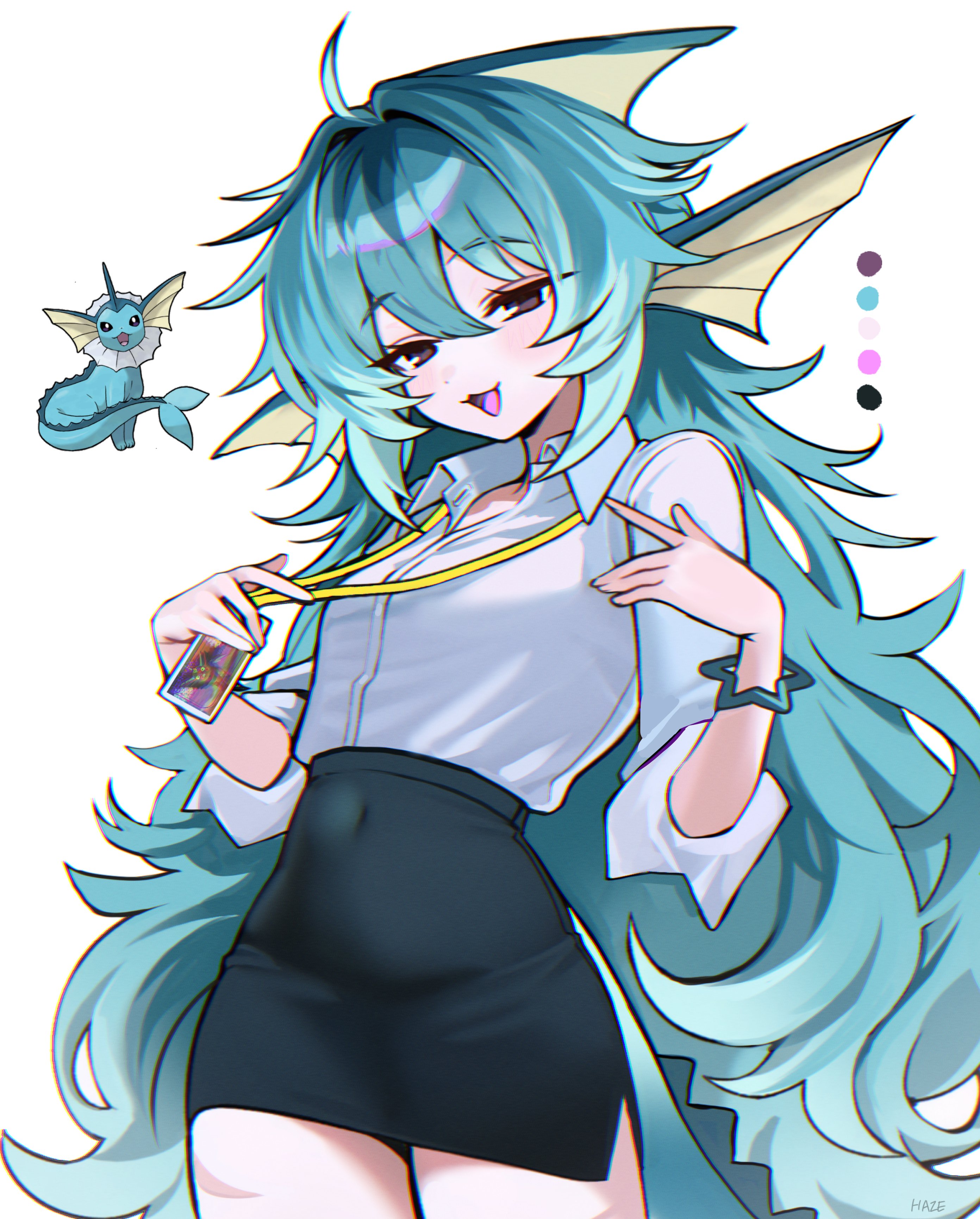 haze (7h4ze), vaporeon, nintendo, original, pokemon, absurdres, highres, 1girl, animal ears, aqua hair, artist name, black eyes, black skirt, collared shirt, covered navel, cowboy shot, dot nose, fins, gen 1 pokemon, hair between eyes, half-closed eyes, head fins, id card, lanyard, long hair, looking at viewer, office lady, open mouth, pencil skirt, personification, pokemon (creature), reference inset, shirt, simple background, skirt, white background, white shirt
