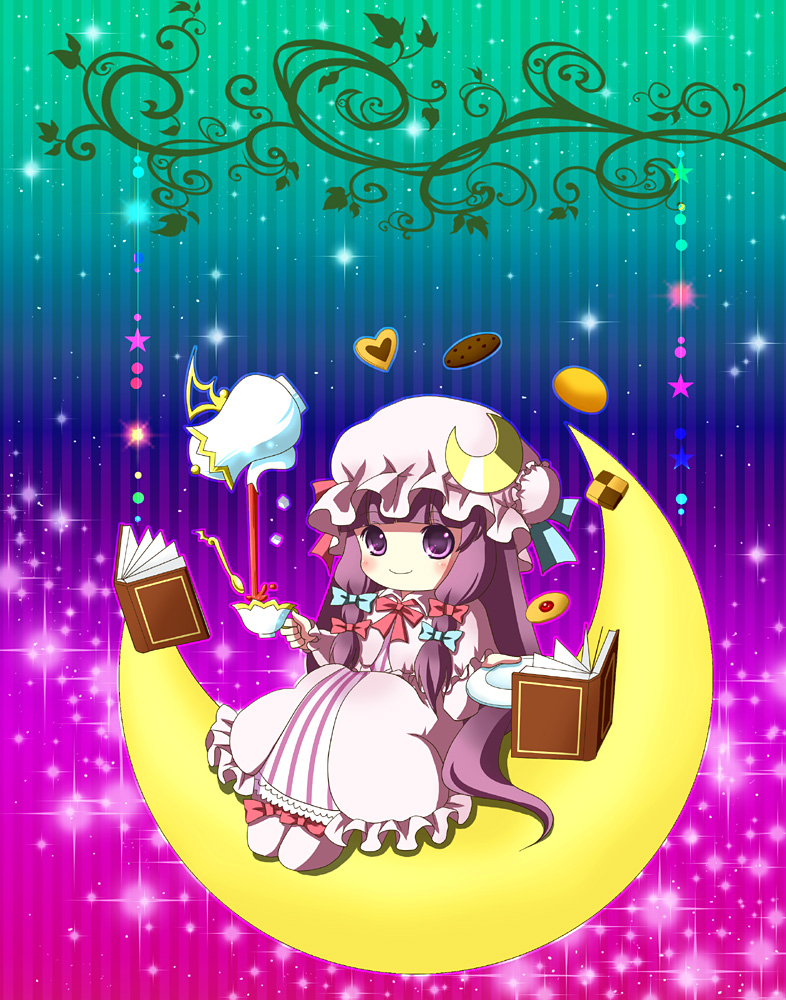 patchouli knowledge, touhou, 1girl, blush, book, checkerboard cookie, cookie, crescent, crescent hair ornament, crescent moon, female focus, food, hair ornament, hat, heart, mob cap, moon, plate, pouring, purple eyes, purple hair, smile, solo, spoon, star (symbol), tea, teapot