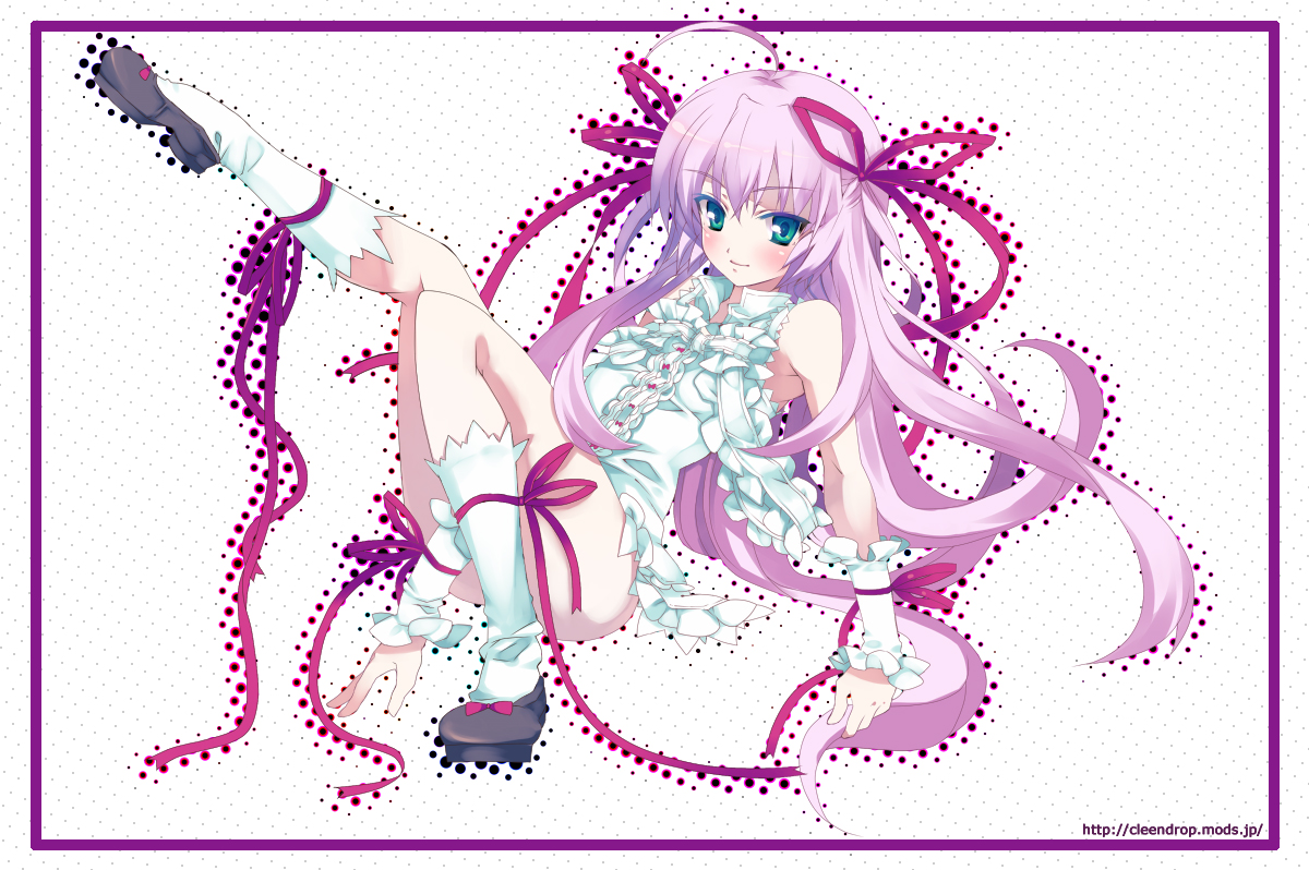 kodamasawa izumi, al azif (demonbane), demonbane, bad id, bad pixiv id, 00s, 1girl, ahoge, female focus, full body, green eyes, hair ribbon, halftone, halftone background, legs, long hair, purple hair, ribbon, solo, wrist cuffs