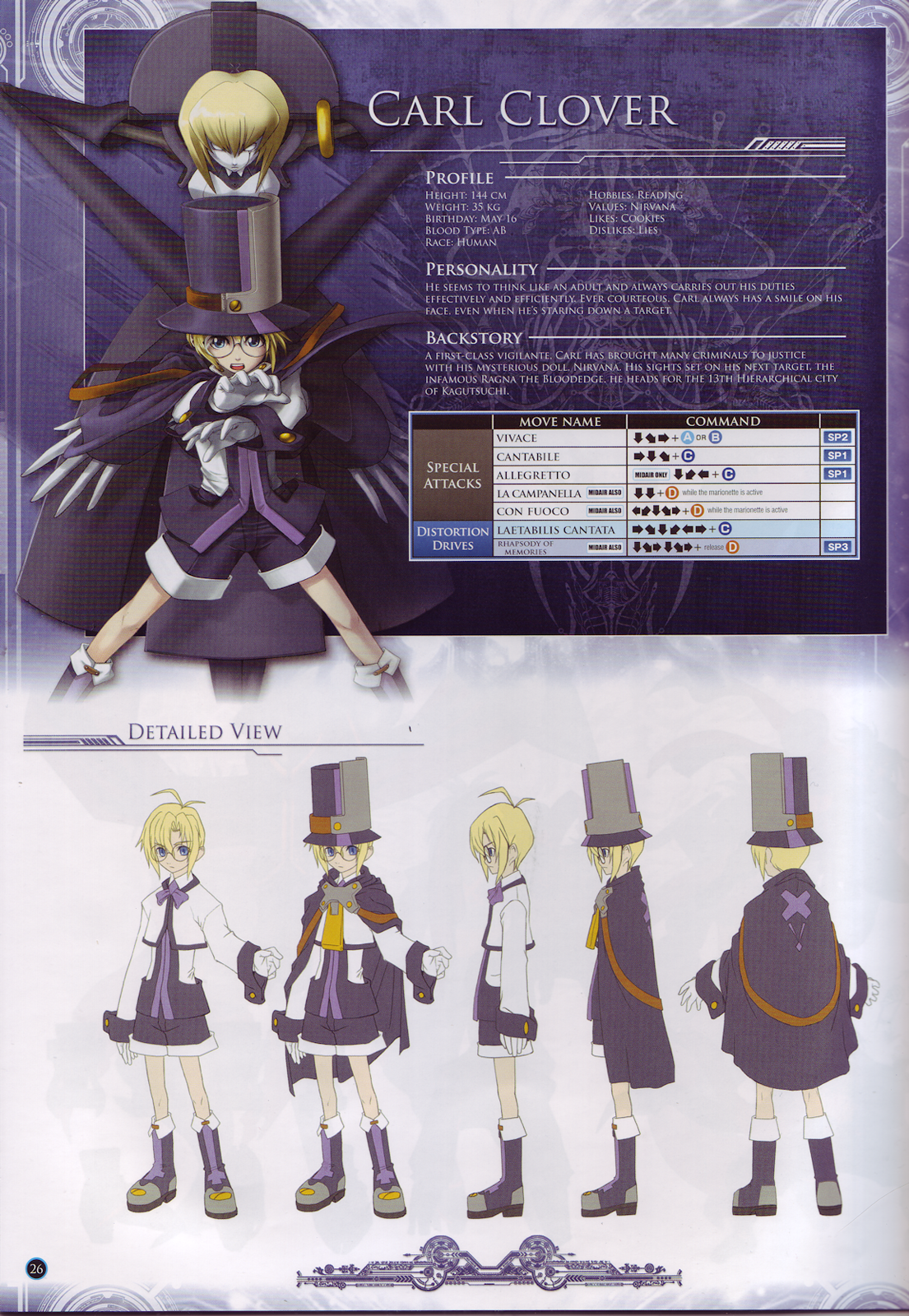 carl clover, nirvana (blazblue), arc system works, blazblue, blazblue: calamity trigger, purple footwear, concept art, highres, official art, scan, 1boy, 1girl, blonde hair, blue eyes, boots, cape, character name, claws, command input, earrings, english text, glasses, hat, headdress, jewelry, long arms, marionette, puppet, round eyewear, single earring, stats, top hat