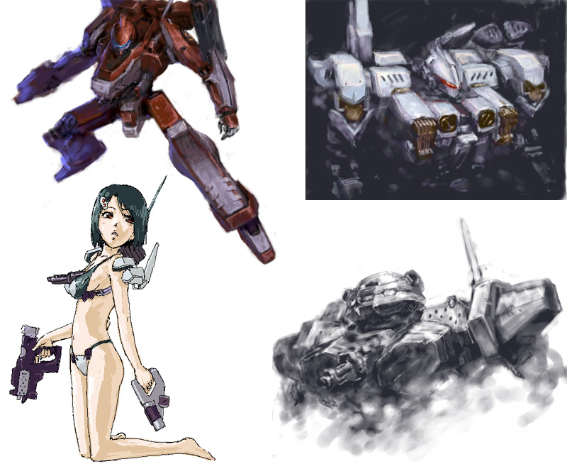 yutori, armored core, armored core: for answer, armored core 3, fromsoftware, noblesse oblige, 1girl, asymmetrical dual wielding, bra, breasts, dual wielding, female focus, gun, holding, kneeling, mecha, mecha musume, panties, robot, underwear, weapon, white background