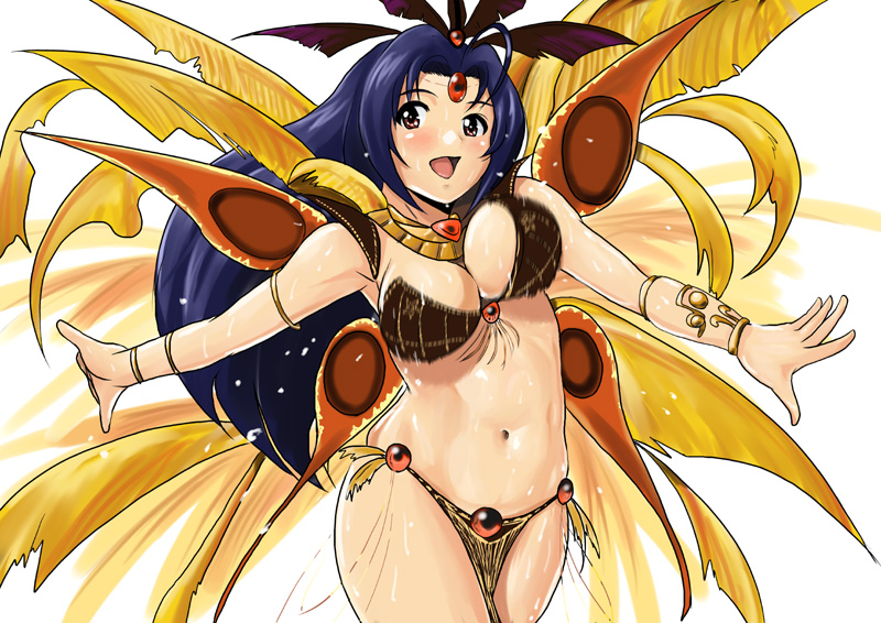 shu-z, miura azusa, idolmaster, idolmaster (classic), 00s, 1girl, amazon warrior, bikini, blue hair, breasts, dancing, female focus, jiggle, long hair, navel, open mouth, solo, swimsuit, tribal, white background