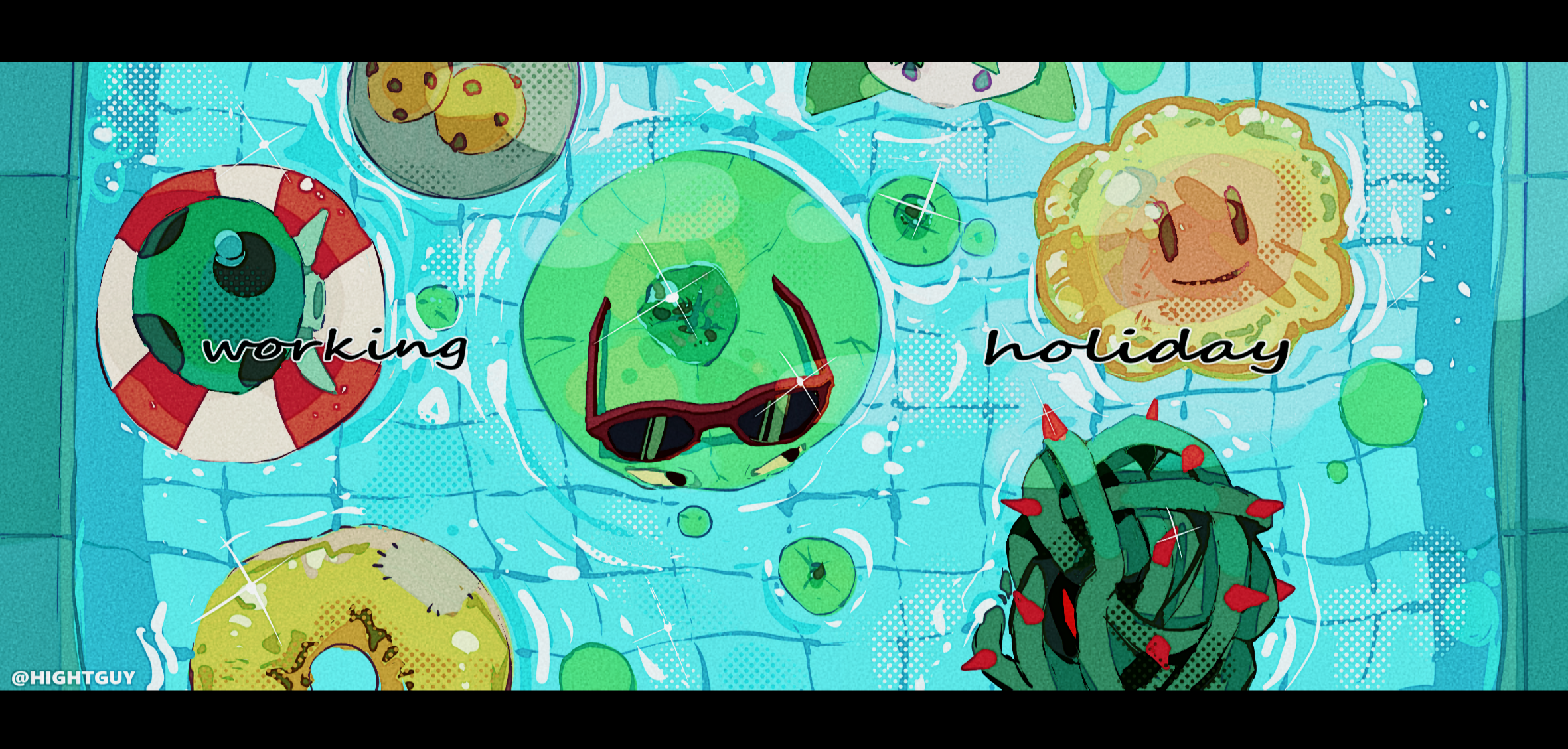 hightguy, cattail (plants vs. zombies), lily pad (plants vs. zombies), sunflower (plants vs. zombies), plants vs. zombies, chinese commentary, commentary request, highres, artist name, black eyes, blue eyes, chocolate chip cookie, colored sclera, cookie, day, eyewear on head, film grain, food, from above, halftone, halftone background, innertube, letterboxed, lily pad, looking at viewer, mushroom, no humans, outdoors, plant, plate, pool, red-framed eyewear, sea-shroom (plants vs. zombies), simple background, solid circle eyes, sparkle, sunglasses, swim ring, tangle kelp (plants vs. zombies), thorns, tile floor, tiles, vines, water, yellow sclera