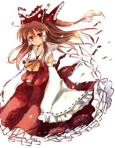 hara yui, hakurei reimu, touhou, 1girl, ascot, bow, brown hair, detached sleeves, female focus, gohei, hair between eyes, hair bow, japanese clothes, long hair, miko, red eyes, simple background, sleeves past wrists, solo, wide sleeves, yellow ascot