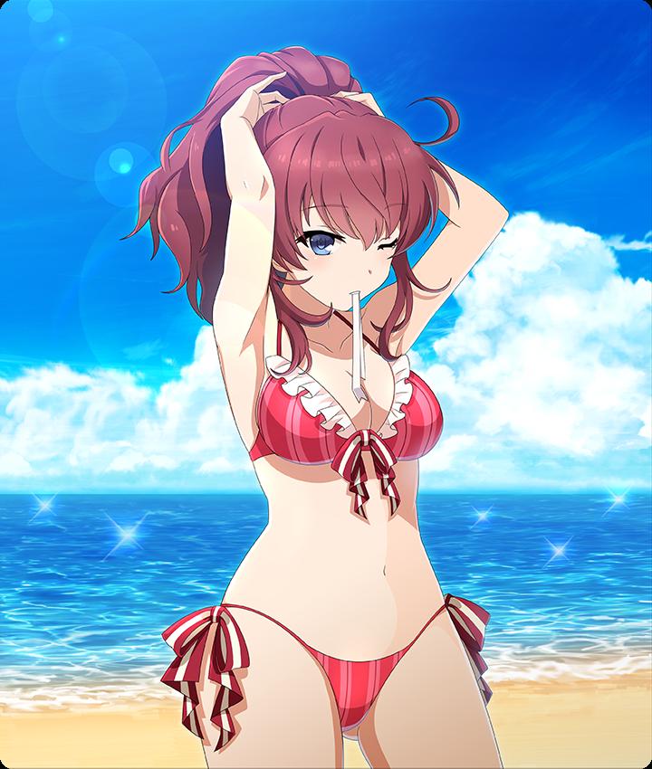 konohana suzuka, toji no miko, toji no miko: kizamishi issen no tomoshibi, game cg, official art, third-party source, 1girl, ahoge, arms up, beach, bikini, blue eyes, blue sky, bow, breasts, cleavage, cloud, collarbone, cowboy shot, day, dot nose, frilled bikini, frills, horizon, large breasts, lens flare, looking at viewer, medium hair, mouth hold, navel, ocean, one eye closed, outdoors, red bikini, red bow, red hair, ribbon, side-tie bikini bottom, sidelocks, sky, solo, sparkle, string bikini, striped bikini, striped bow, striped clothes, swimsuit, tying hair, vertical-striped bikini, vertical-striped clothes, white ribbon