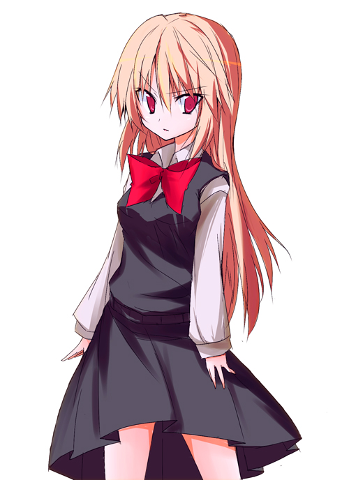 huei nazuki, kazeei naduki, ex-rumia, rumia, embodiment of scarlet devil, touhou, 1girl, alternate hair length, alternate hairstyle, blonde hair, bow, bowtie, female focus, long hair, red eyes, solo