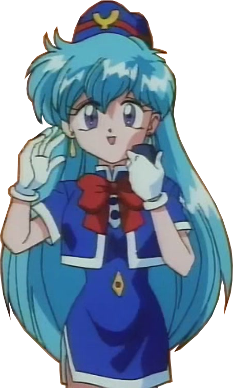 tenjouin katsura, yat anshin uchuu ryokou, 1990s (style), blue hair, clothing cutout, dress, flight attendant, long hair, retro artstyle, short dress, thighs, travel attendant