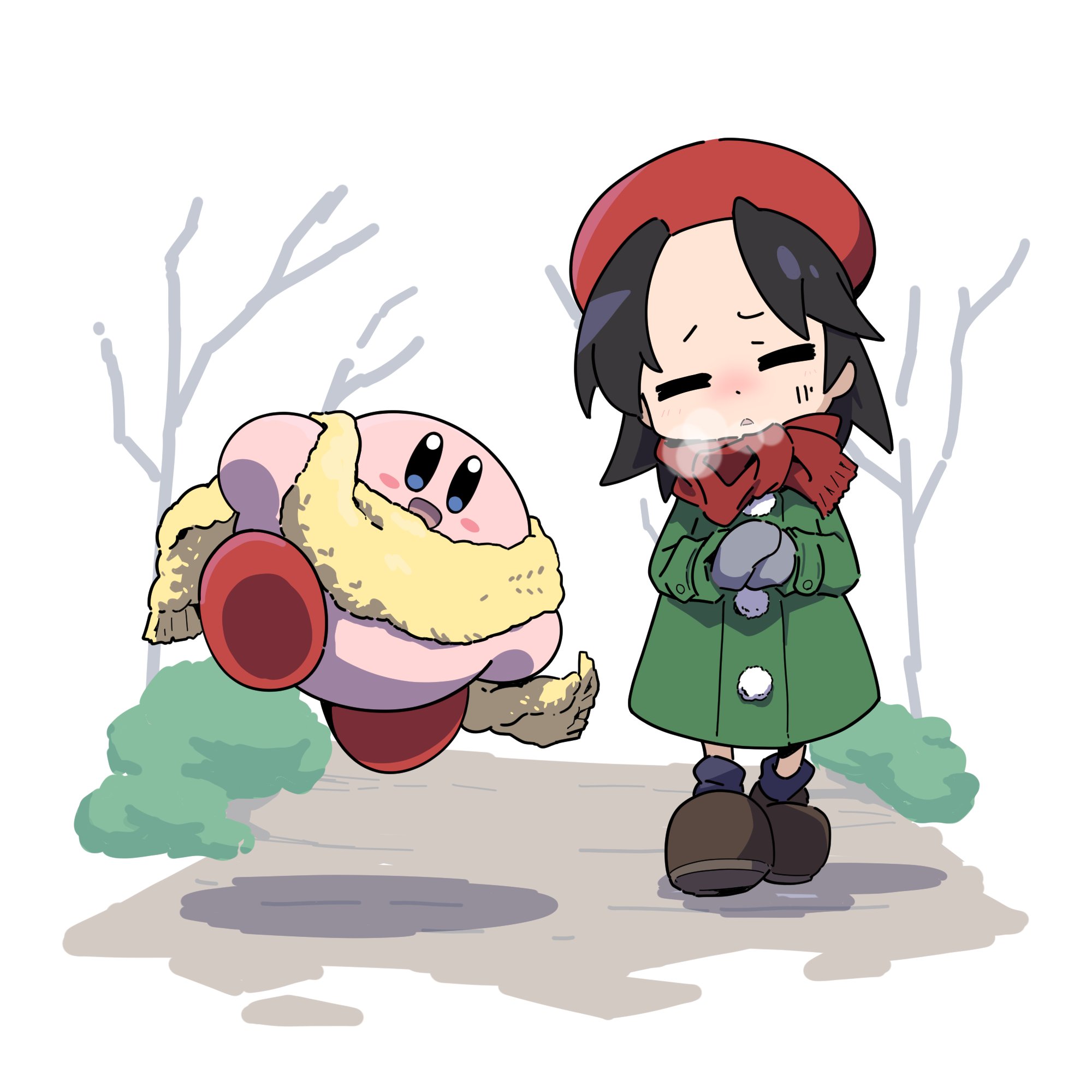 poyo party, adeleine, kirby, kirby (series), kirby 64, nintendo, highres, 1girl, beret, black hair, black socks, brown shoes, closed eyes, colored skin, gloves, hat, pink skin, red hat, red scarf, scarf, shoes, socks, winter clothes, yellow scarf