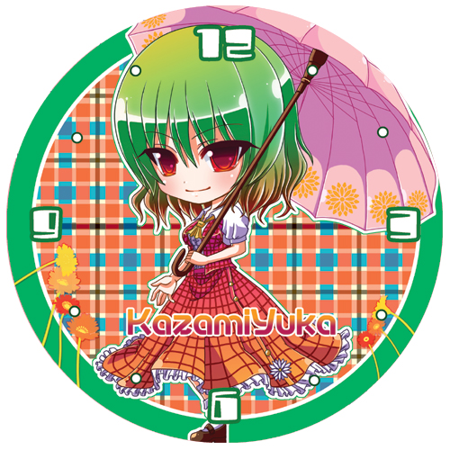 nonoko, yuuka nonoko, kazami yuuka, touhou, bad id, bad pixiv id, lowres, 1girl, ascot, chibi, circle, clock, female focus, flower, green hair, plaid clothes, plaid skirt, plaid vest, red eyes, short hair, skirt, skirt set, smile, solo, standing, umbrella, vest