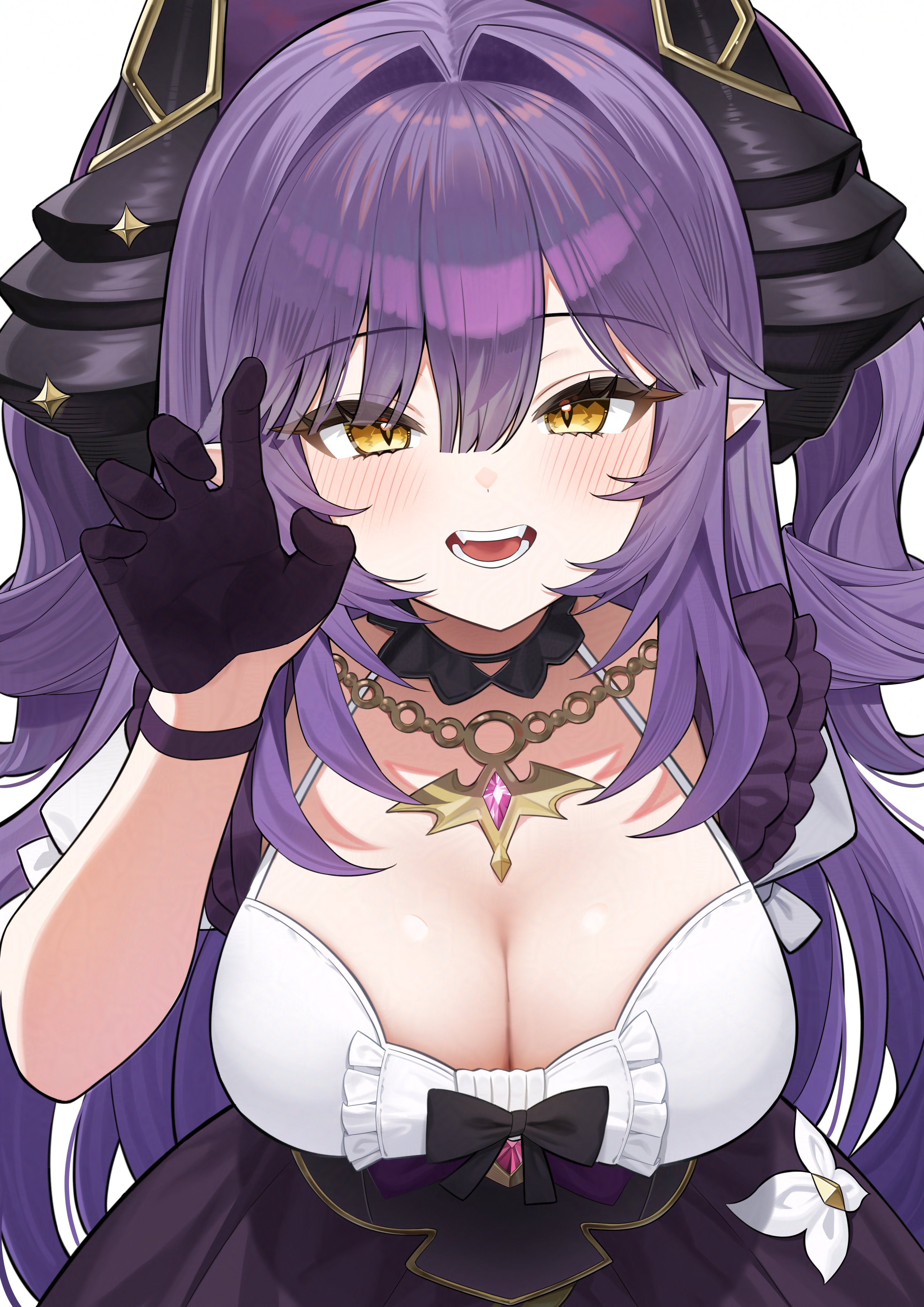 sakihane huya, stellive, absurdres, commentary request, highres, korean commentary, 1girl, beard, black bow, black gloves, black horns, black skirt, blush, bow, breasts, cleavage, colored skin, cowboy shot, detached sleeves, dragon girl, dragon horns, facial hair, gloves, hair between eyes, hair intakes, hand up, horns, huhe 01, large breasts, long beard, pointy ears, shirt, shirt bow, short sleeves, skirt, sleeveless, sleeveless shirt, slit pupils, solo, virtual youtuber, white skin, yellow eyes