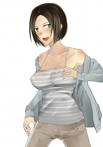 kawaguchi yukihiro, armored core, armored core 3, fromsoftware, lowres, 1girl, blue eyes, breasts, brown hair, female focus, shirt, simple background, solo, standing, striped clothes, striped shirt, white background
