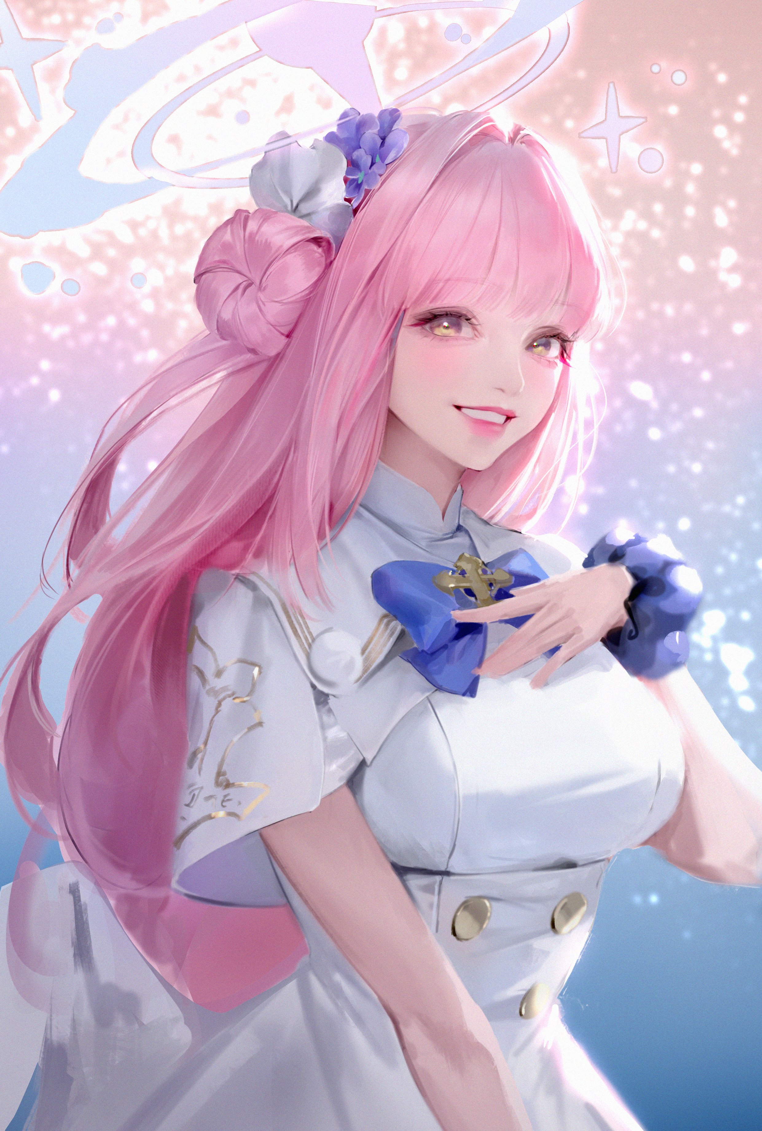 lizchief, mika (blue archive), blue archive, absurdres, hashtag-only commentary, highres, 1girl, blue bow, blue bowtie, blue scrunchie, bow, bowtie, breasts, dress, grin, hair bun, hair intakes, halo, hand on own chest, hand up, large breasts, long hair, looking at viewer, pink hair, purple halo, realistic, red lips, scrunchie, short sleeves, smile, solo, thigh strap, upper body, white dress, wispy bangs, wrist scrunchie, yellow eyes