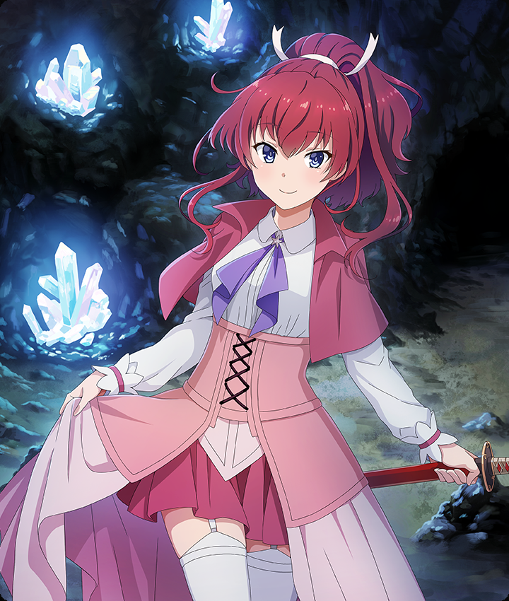 konohana suzuka, lefiya viridis, dungeon ni deai wo motomeru no wa machigatteiru darou ka, toji no miko, toji no miko: kizamishi issen no tomoshibi, game cg, official art, third-party source, 1girl, blue eyes, blush, brooch, capelet, cave, closed mouth, corset, cosplay, cowboy shot, crystal, garter straps, hair ribbon, high ponytail, holding, holding sword, holding weapon, jewelry, katana, lefiya viridis (cosplay), looking at viewer, medium hair, pink corset, pink skirt, ponytail, purple ribbon, red capelet, red hair, ribbon, shirt, showgirl skirt, skirt, skirt hold, smile, solo, star (symbol), star brooch, sword, thighhighs, weapon, white garter straps, white ribbon, white shirt, white thighhighs