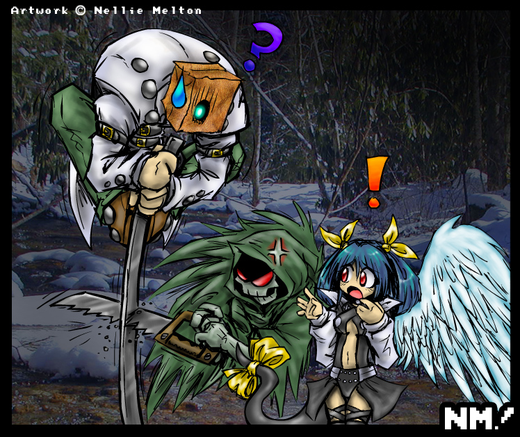 nellie melton, dizzy (guilty gear), faust (guilty gear), necro (guilty gear), arc system works, guilty gear, blue hair, chainsaw, saw, sword, tail, weapon, wings