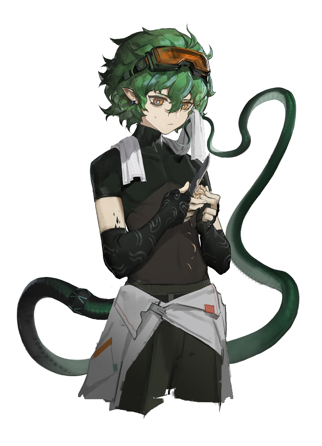 baimudafeiyu, infection monitor (arknights), verdant (arknights), arknights, fluffy hair, highres, 1boy, bags under eyes, black gloves, bodysuit, carving, clothes around waist, cropped legs, elbow gloves, fingerless gloves, gloves, goggles, goggles on head, green hair, hair between eyes, head down, holding, holding knife, holding statuette, holding with tail, knife, material growth, orange eyes, oripathy lesion (arknights), pointy ears, prehensile tail, serious, shorts, snake tail, solo, sweat, tail, towel, towel around neck, very long tail, white background